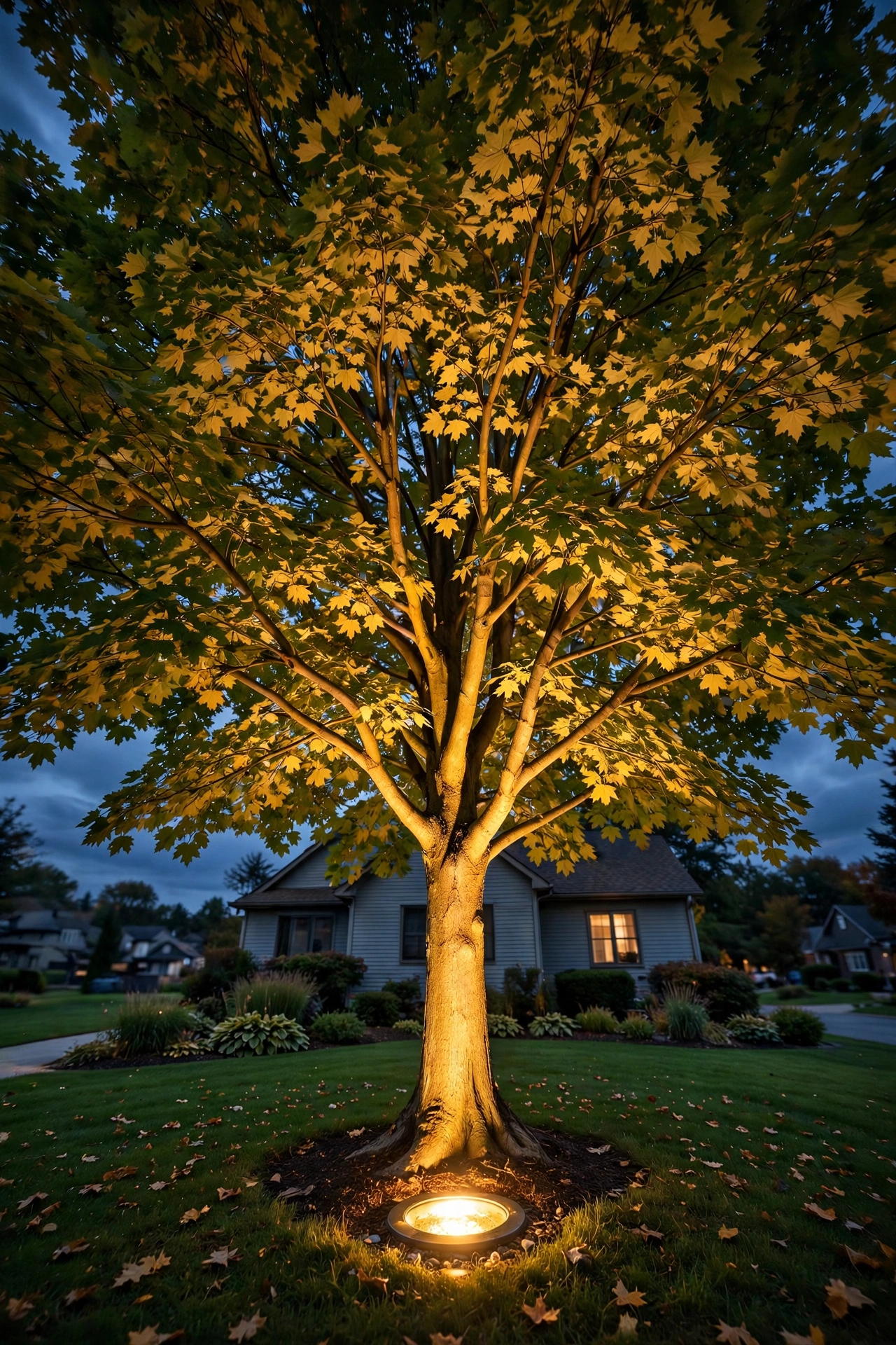 In ground well lights landscape uplighting of a large maple tree at night, warm glow filling the canopy