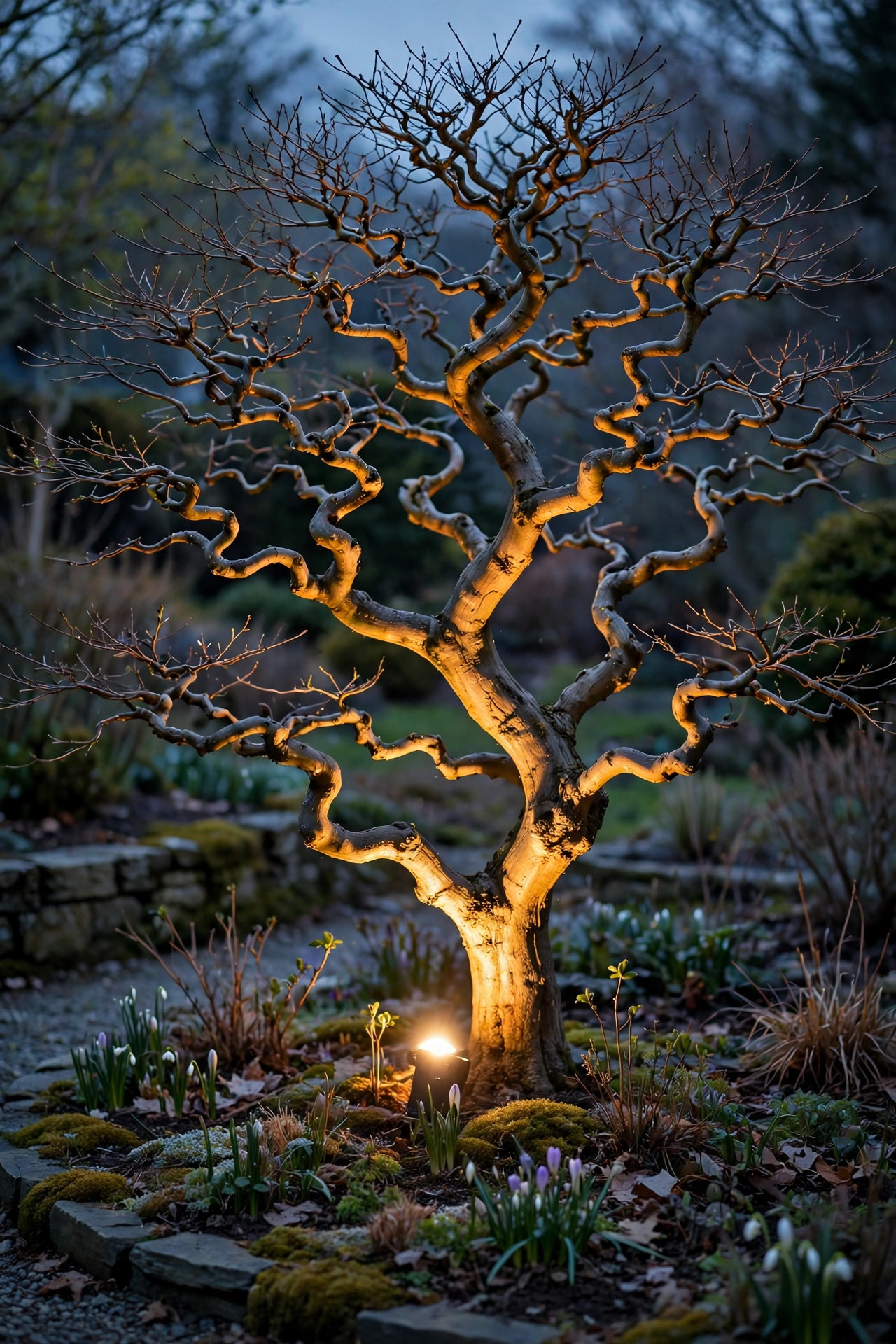 Warm spotlight uplighting the bare sculptural branches of an ornamental tree in an early spring garden