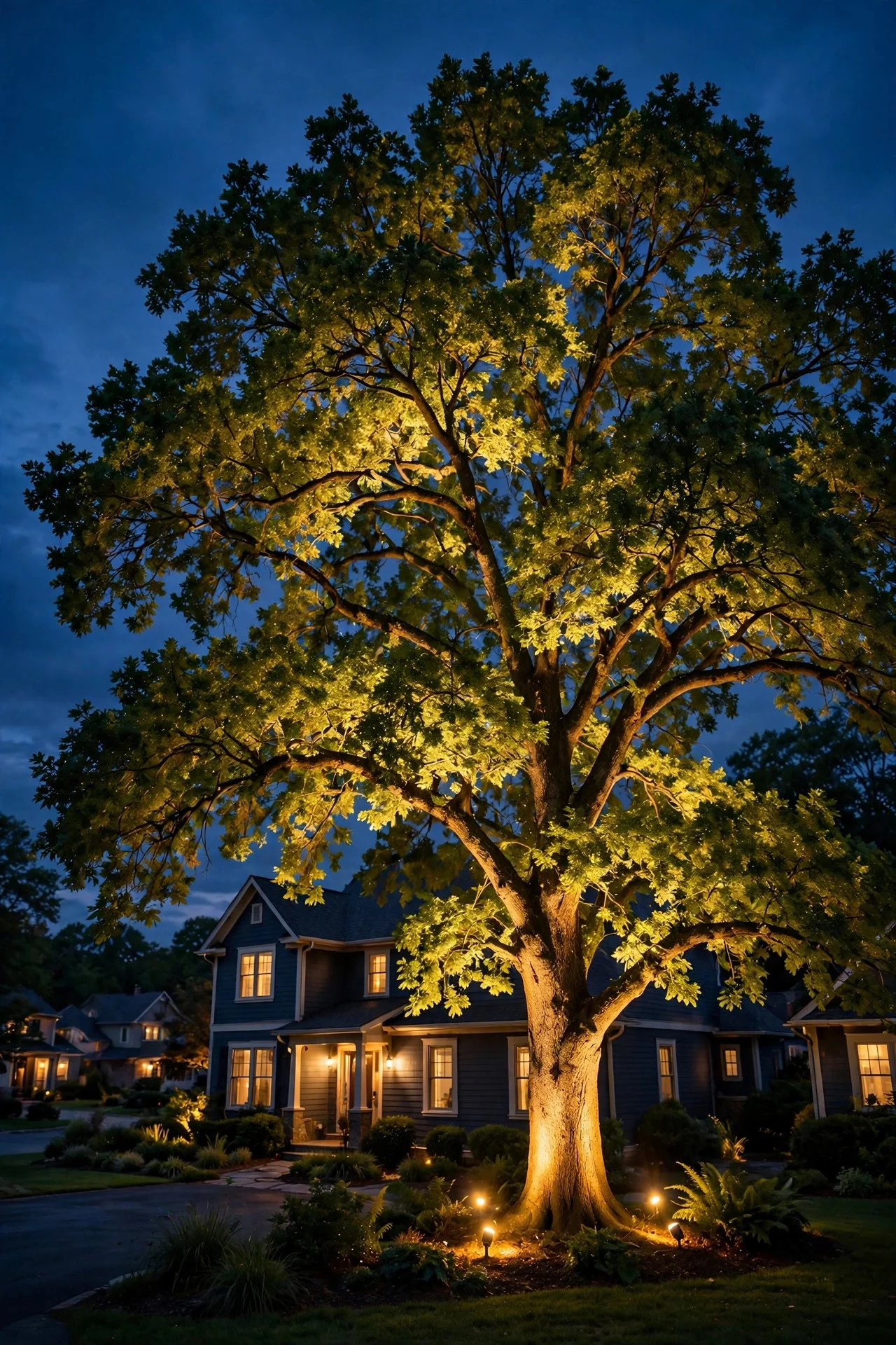 Dramatic dusk view of a large tree uplit from below with warm golden spotlights, glowing canopy against dark blue sky