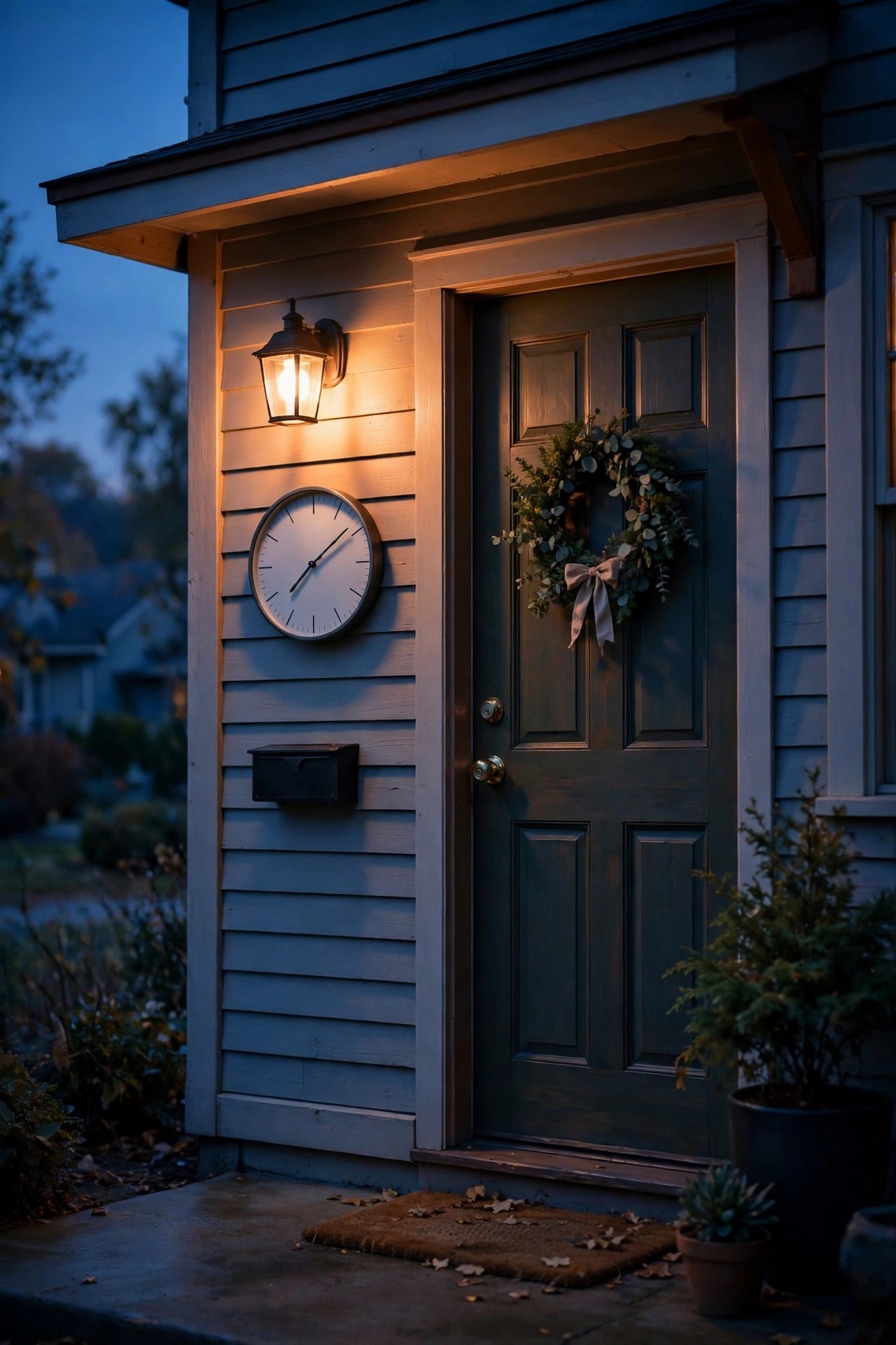 Front porch light glowing at early evening beside a wall clock showing a slightly different time each night, cozy suburban entry