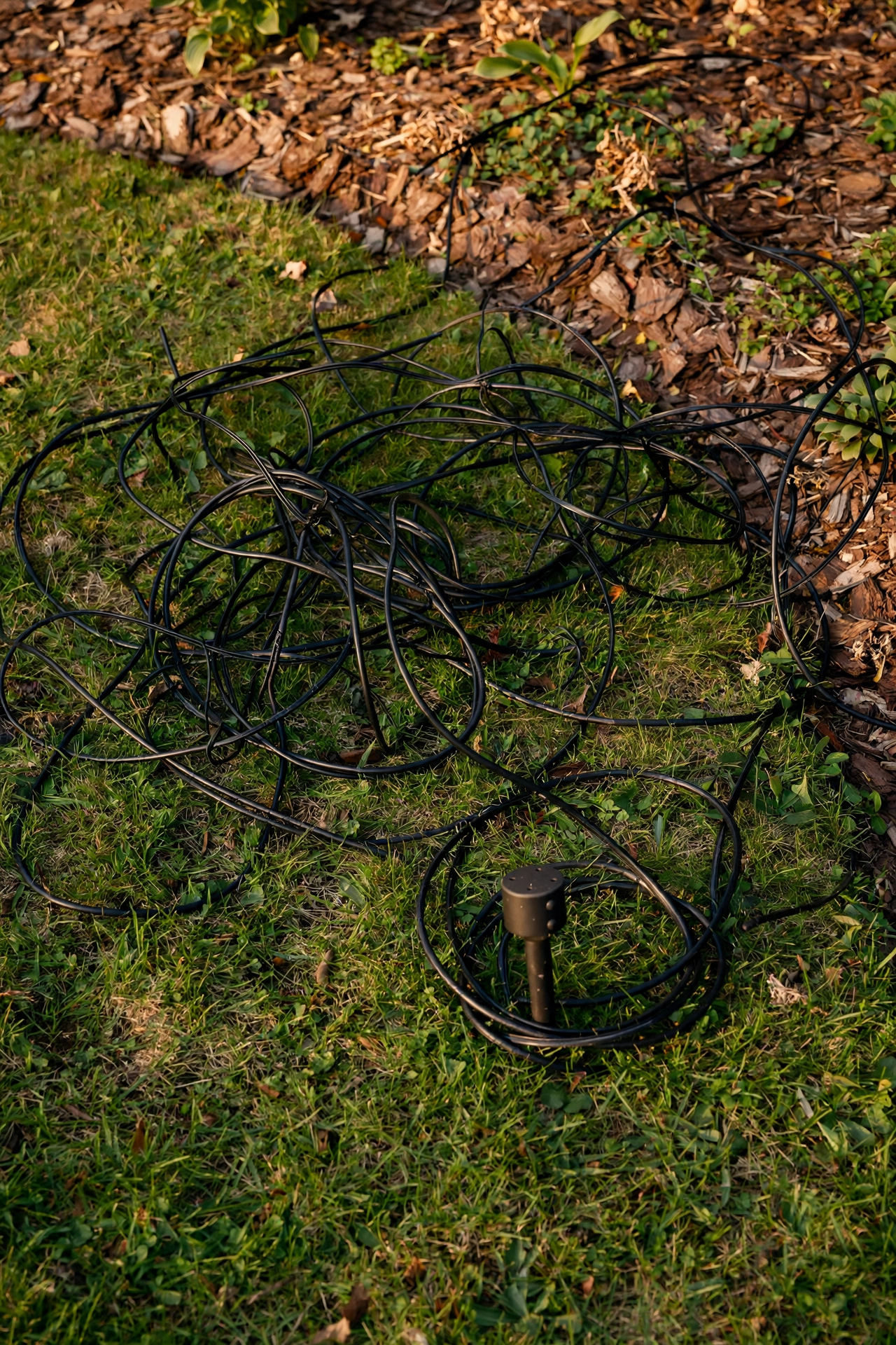Close-up of cluttered visible landscape lighting wires tangled across a lawn versus a clean hidden installation