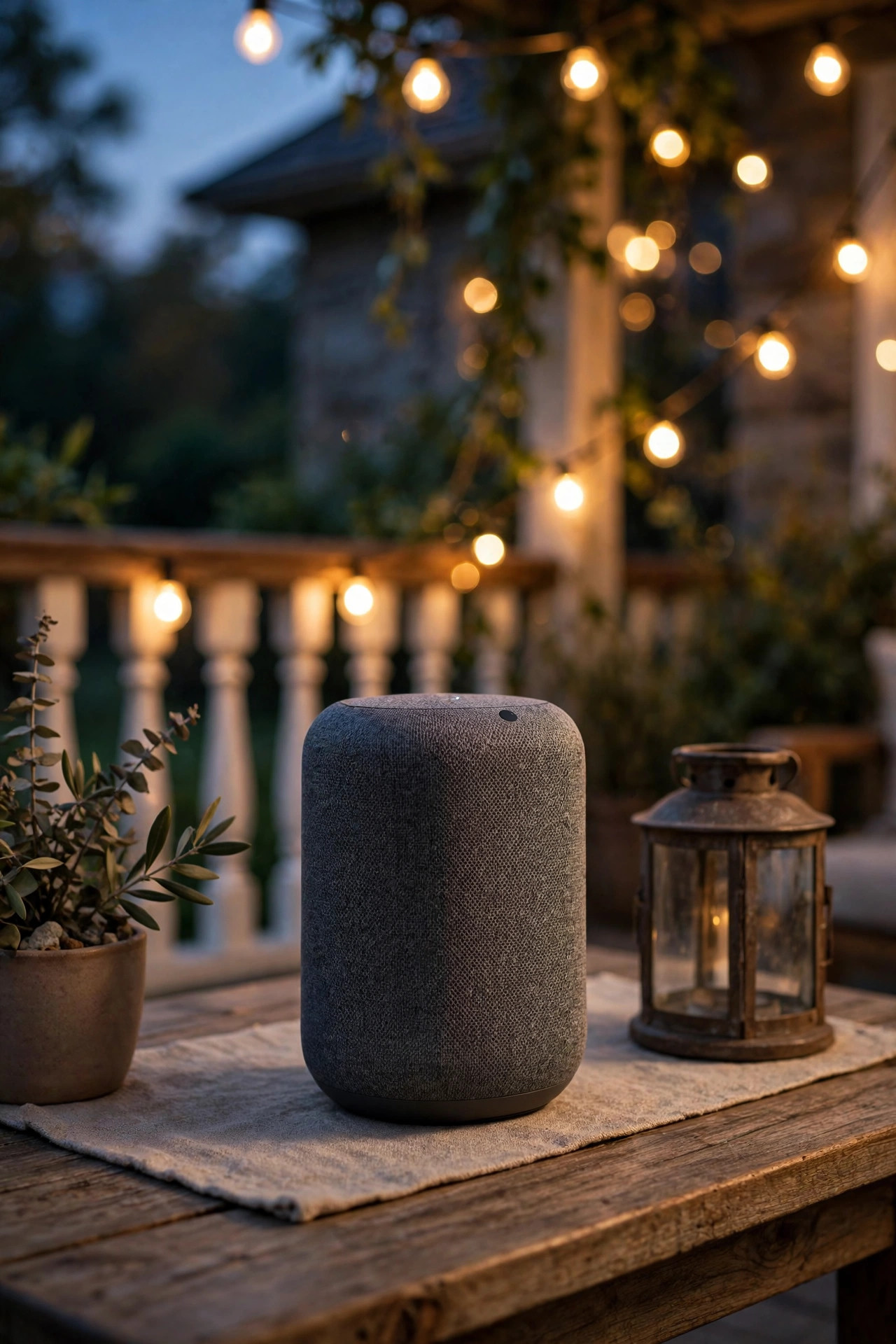 Smart speaker on a porch-side table with warm outdoor lights glowing in the background at dusk