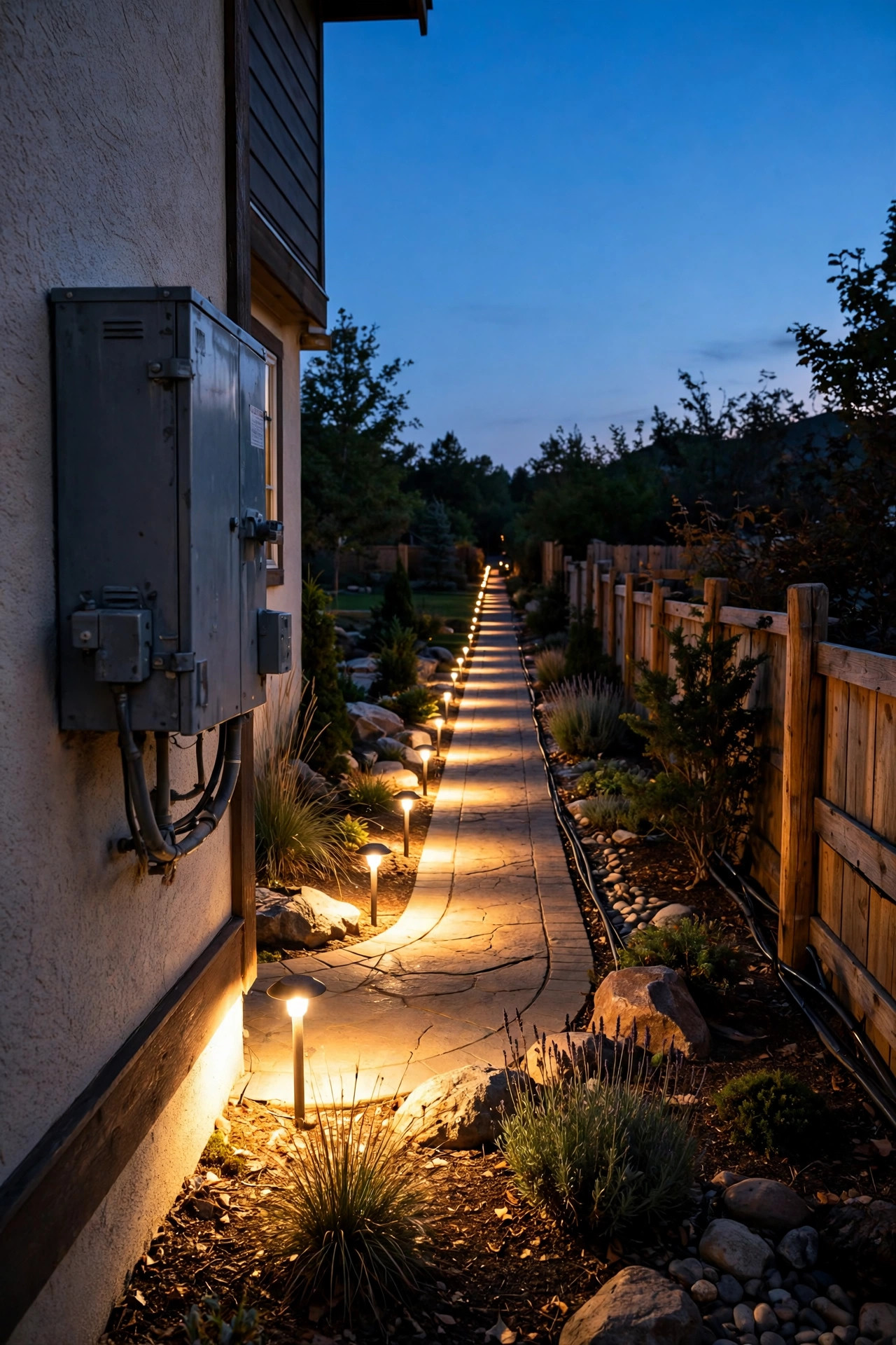 Front yard at dusk showing bright path lights near a wall-mounted transformer fading to dim lights at the far end of a long cable run
