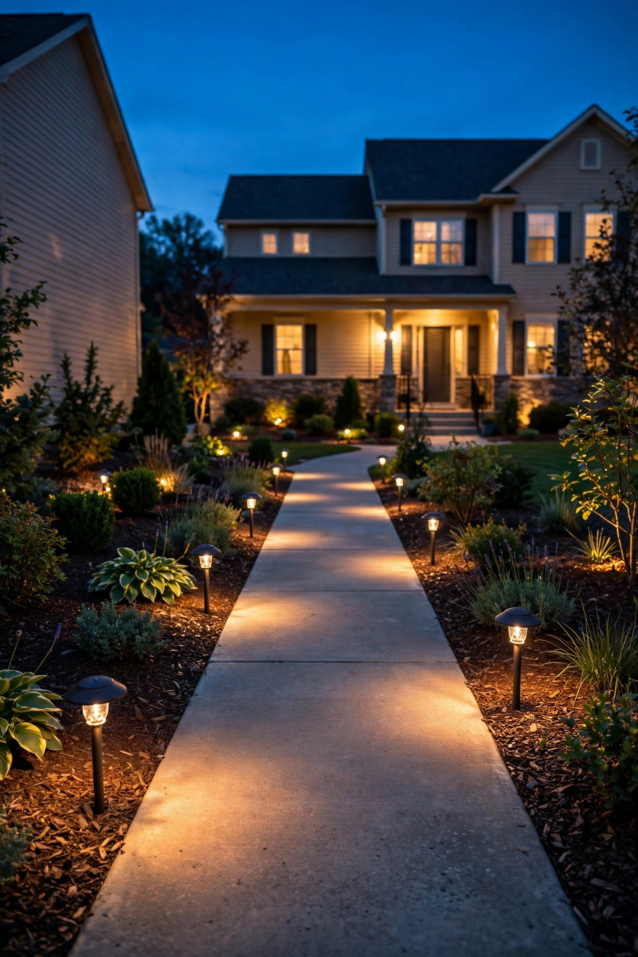 Dusk view of a front walkway lit by low voltage path lights with soft pools of warm light