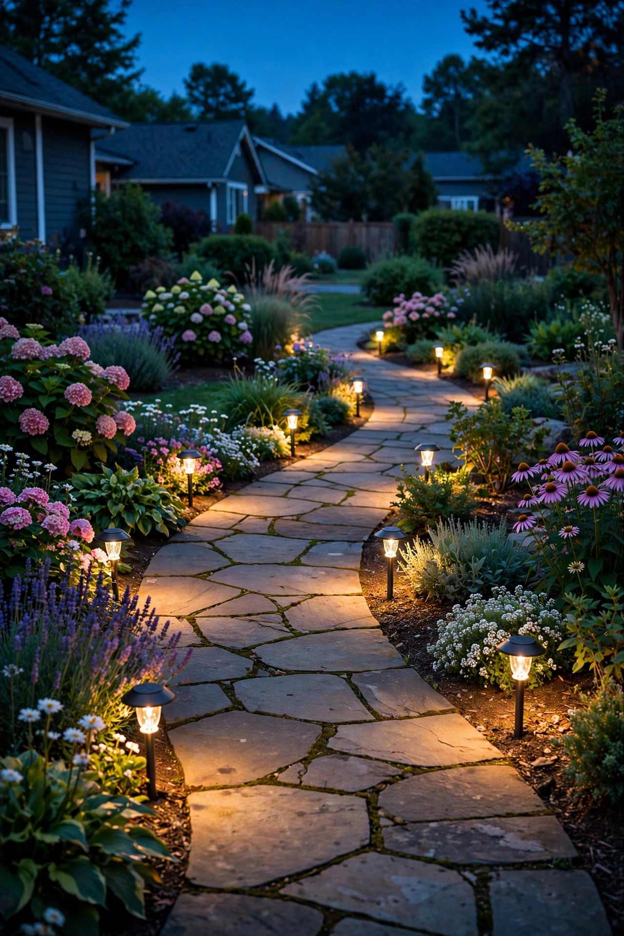 Staggered solar path lights placement along a curved garden walkway at dusk
