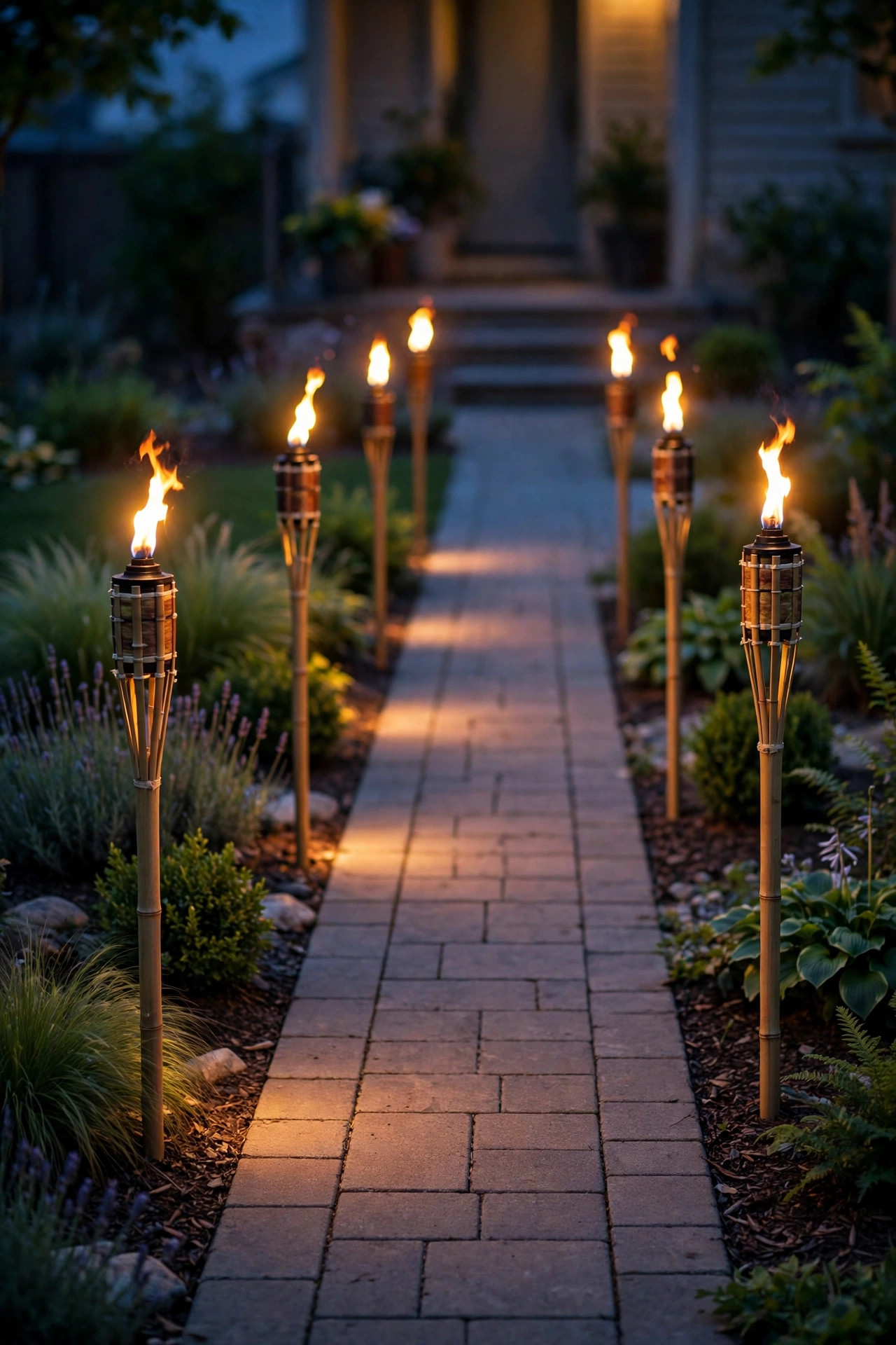 Solar tiki torch lights flickering in an alternating row along a front walkway at dusk