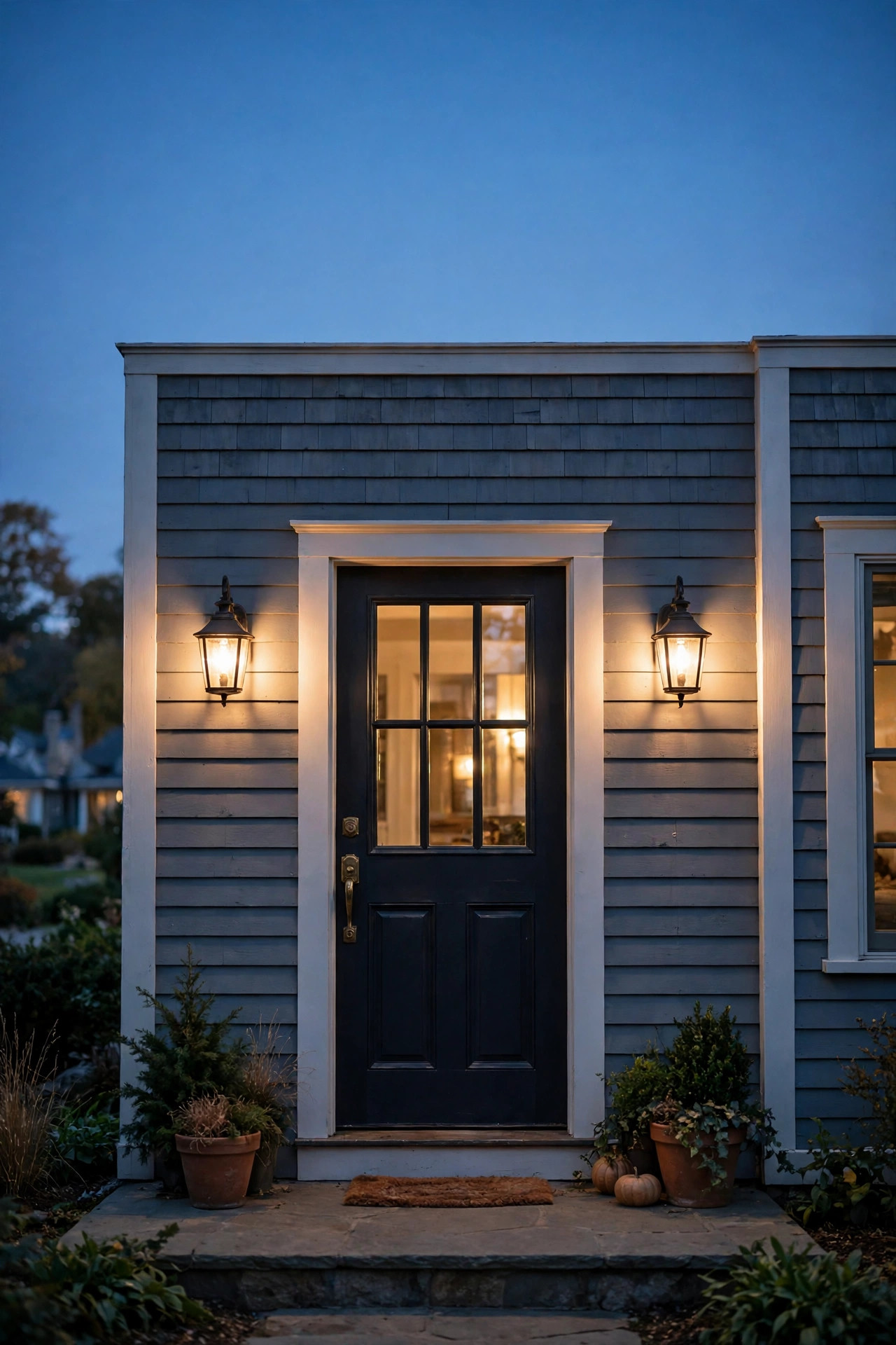 Pair of warm wall sconces flanking a front door on an open porch with no overhang at dusk