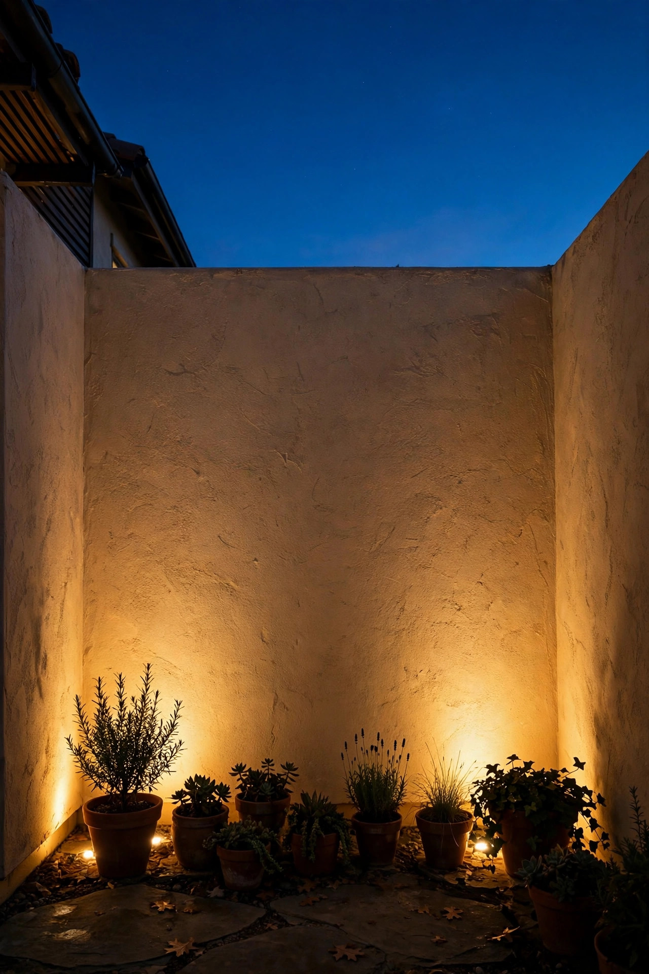 Courtyard wall bathed in warm uplighting glow at night