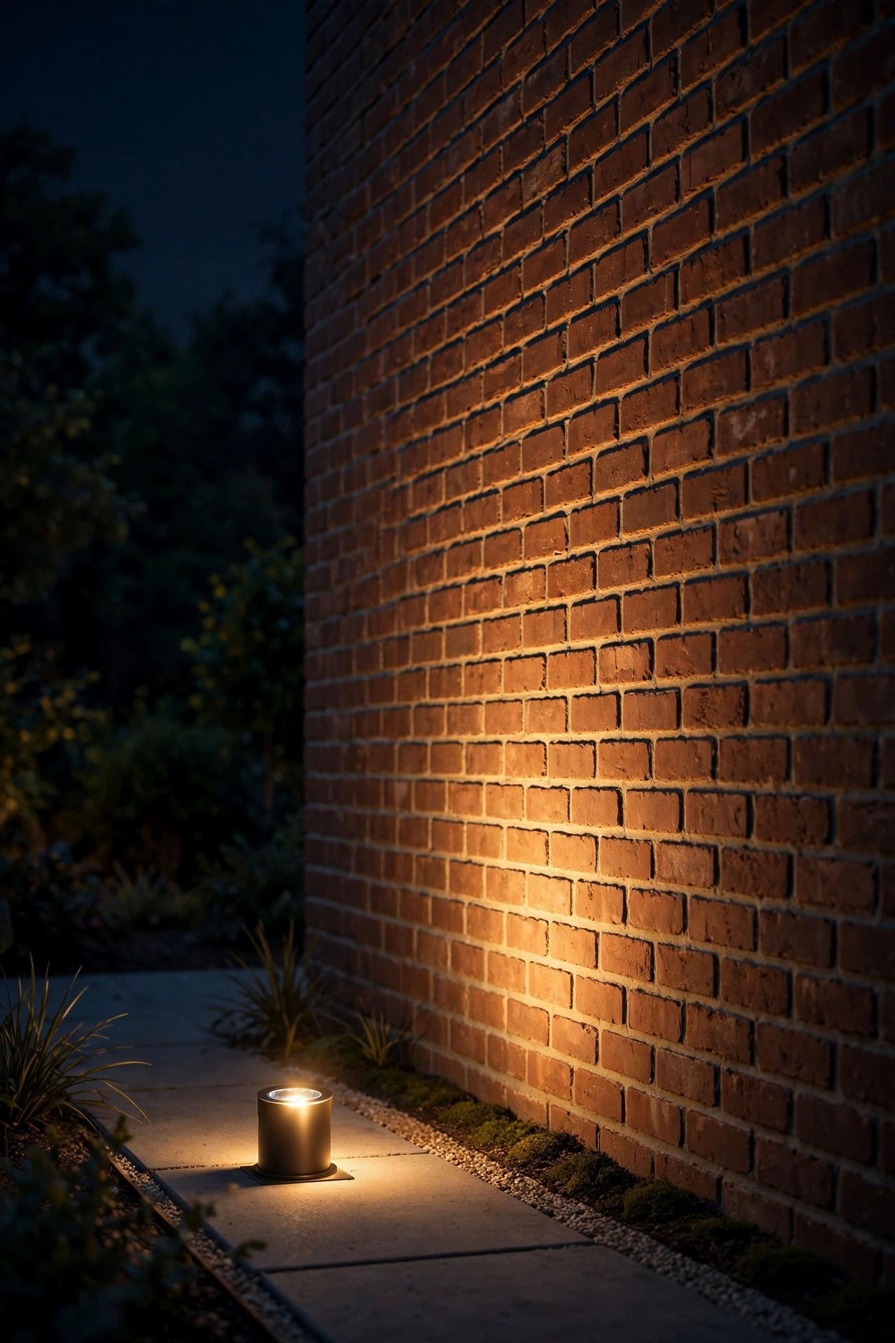 Side-view diagram showing a ground light fixture set back from a house wall washing light evenly up the facade