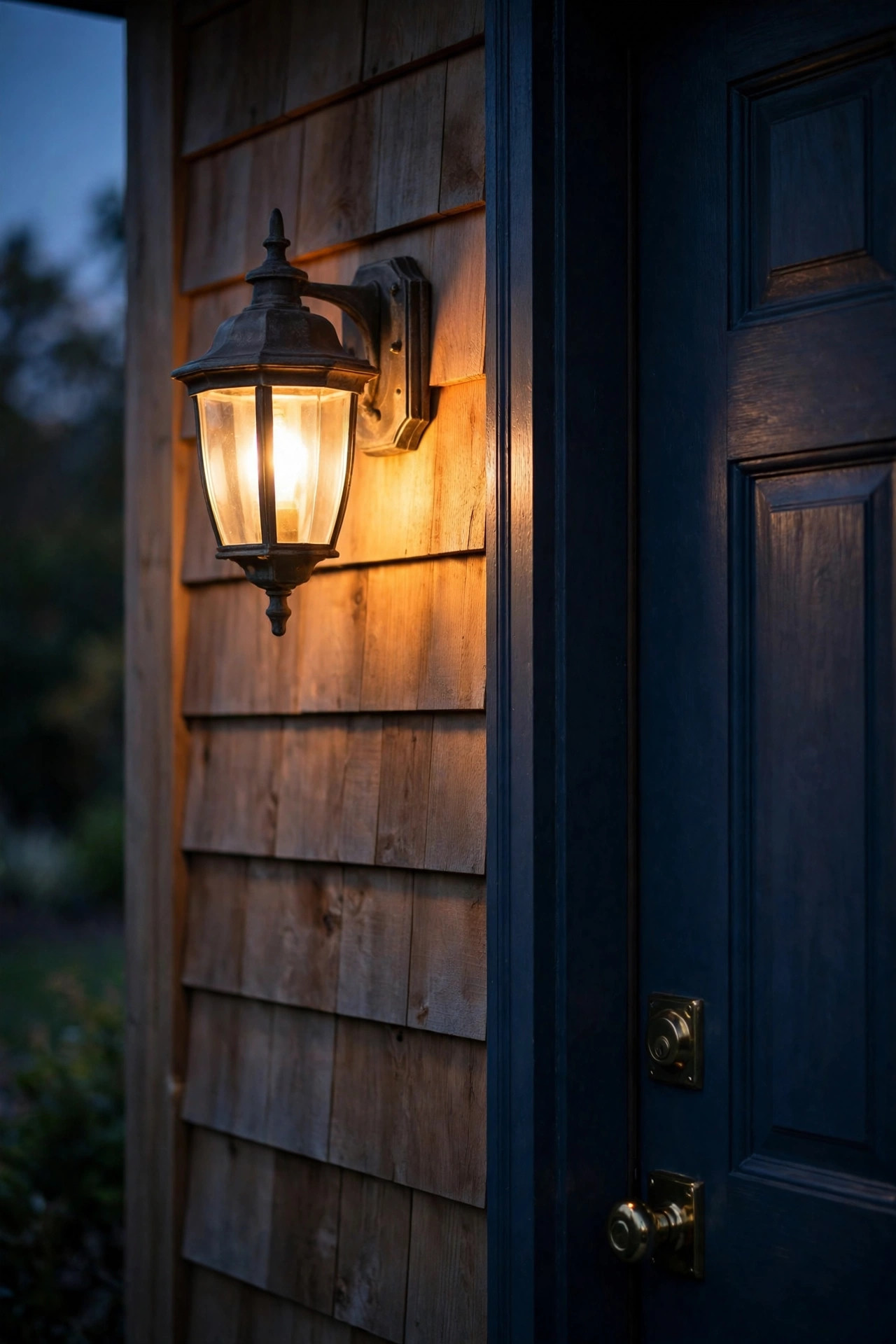 Close view of a porch wall sconce glowing warmly beside a front door at twilight