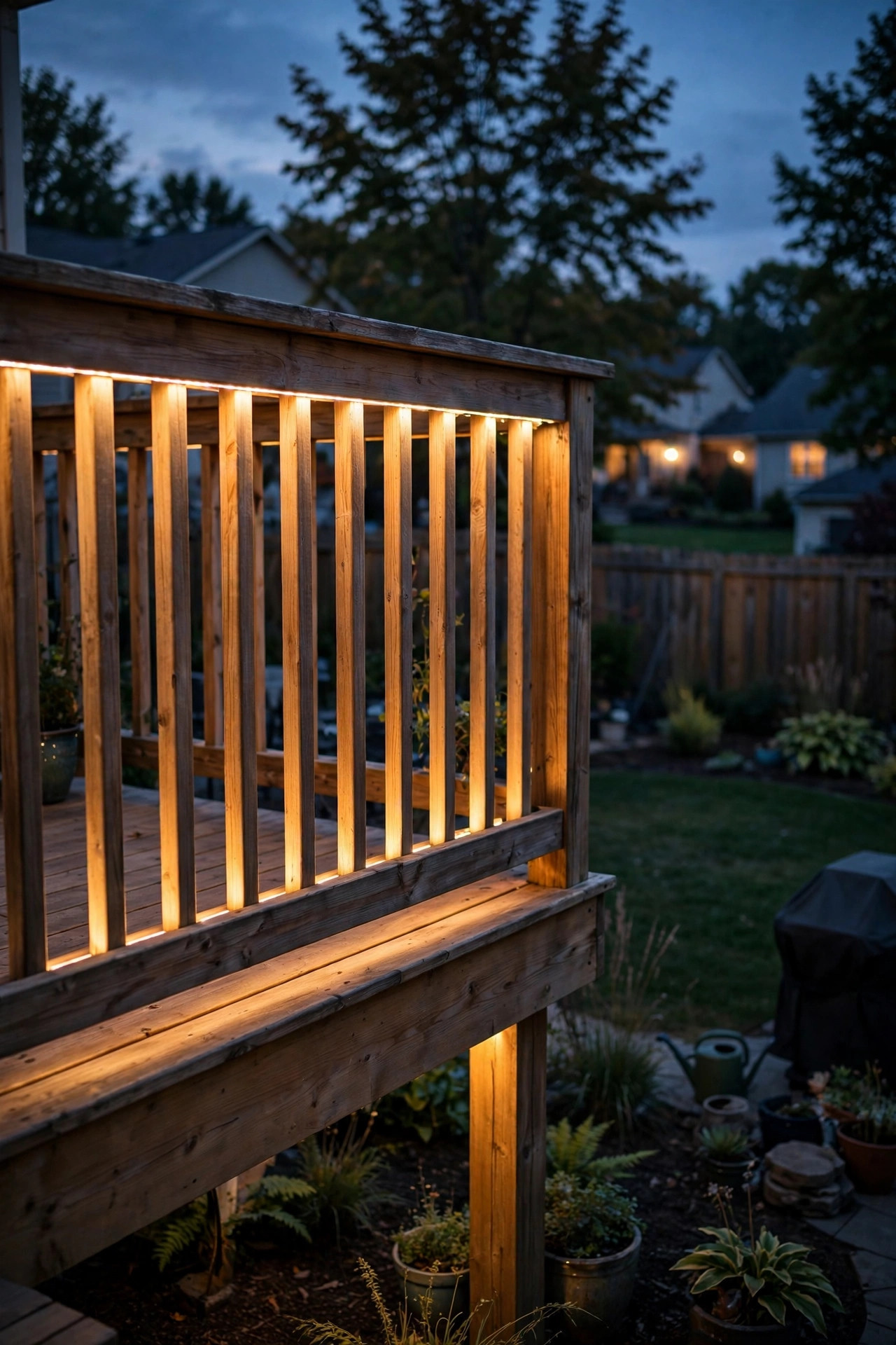 Warm white LED strip hidden under deck top rail creating a floating deck glow at dusk