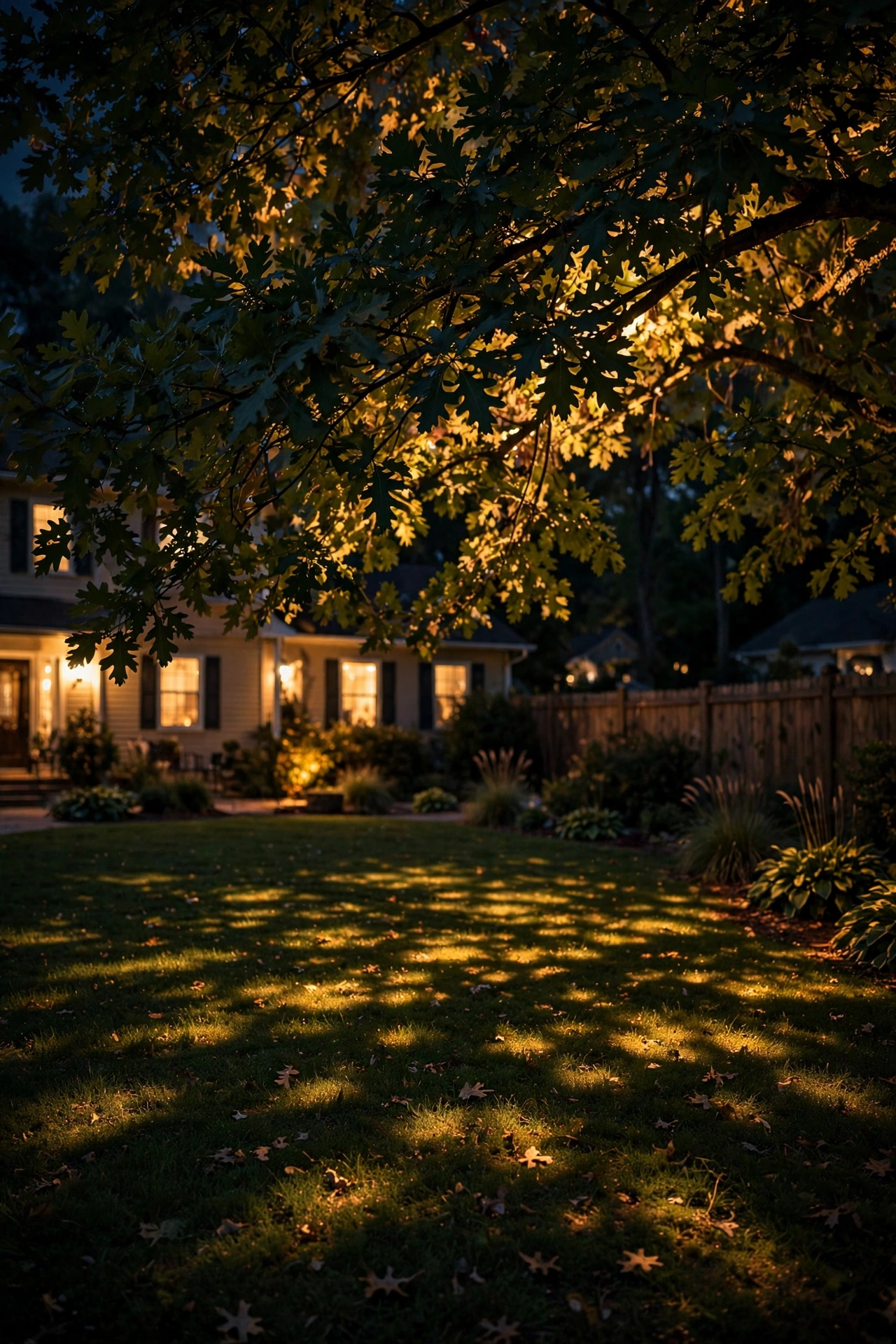 Moonlighting trees effect showing warm dappled light filtering through an oak canopy onto a backyard lawn at night