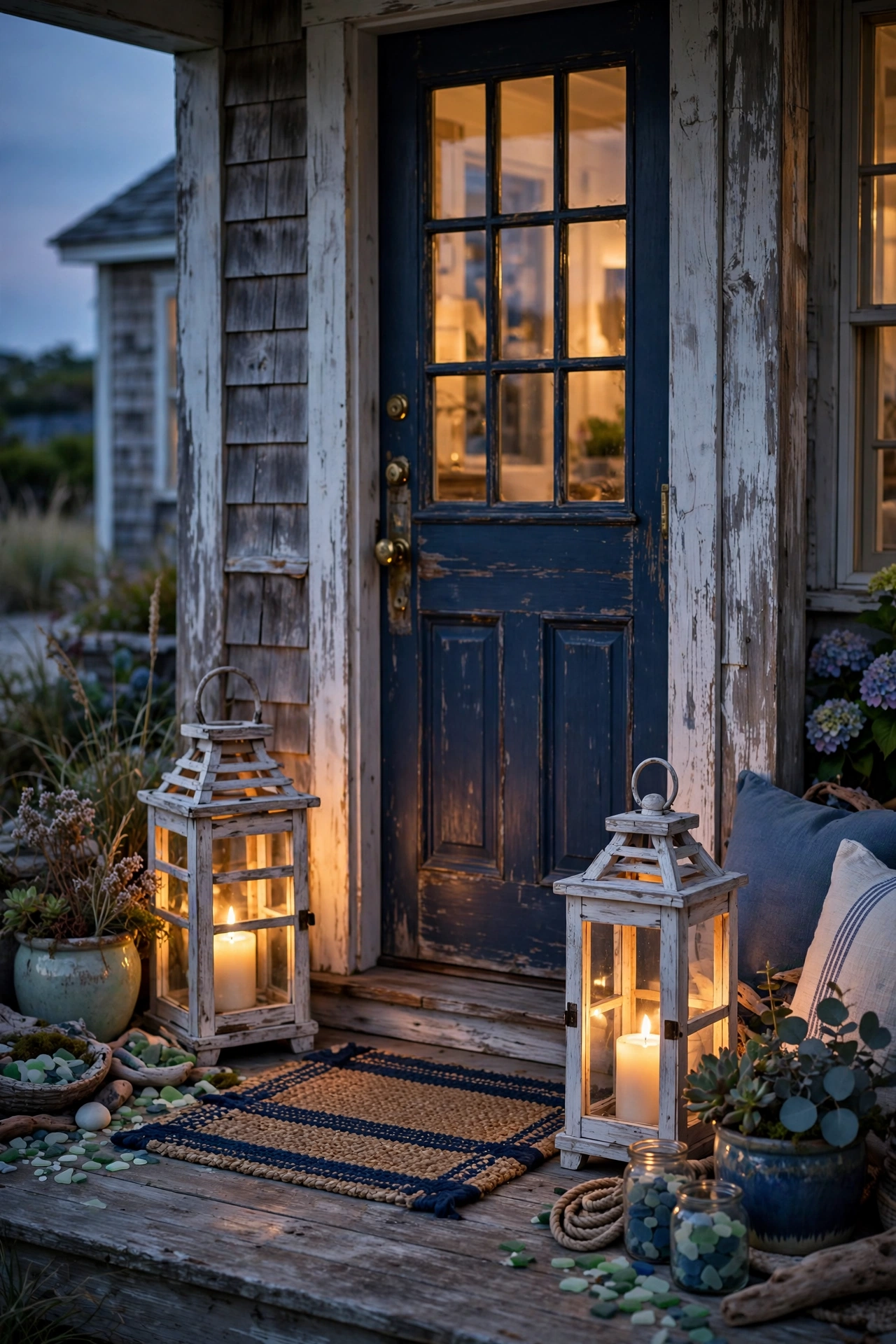 Whitewashed wooden lanterns with warm candles flanking a coastal front porch door at dusk