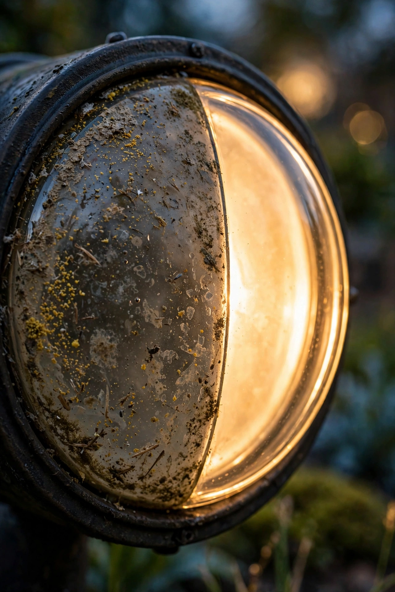 Close-up of a landscape light fixture with dirt buildup versus a clean polished one, showing the difference maintenance makes