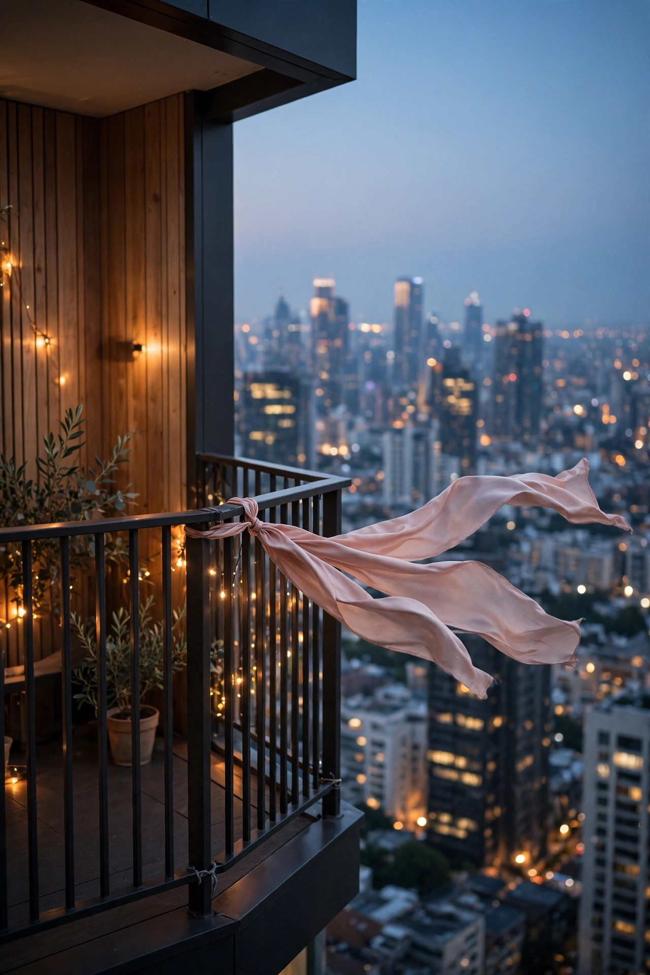 Woman checking wind direction on a high-rise balcony at dusk, ribbon tied to the railing fluttering while one calm corner stays still