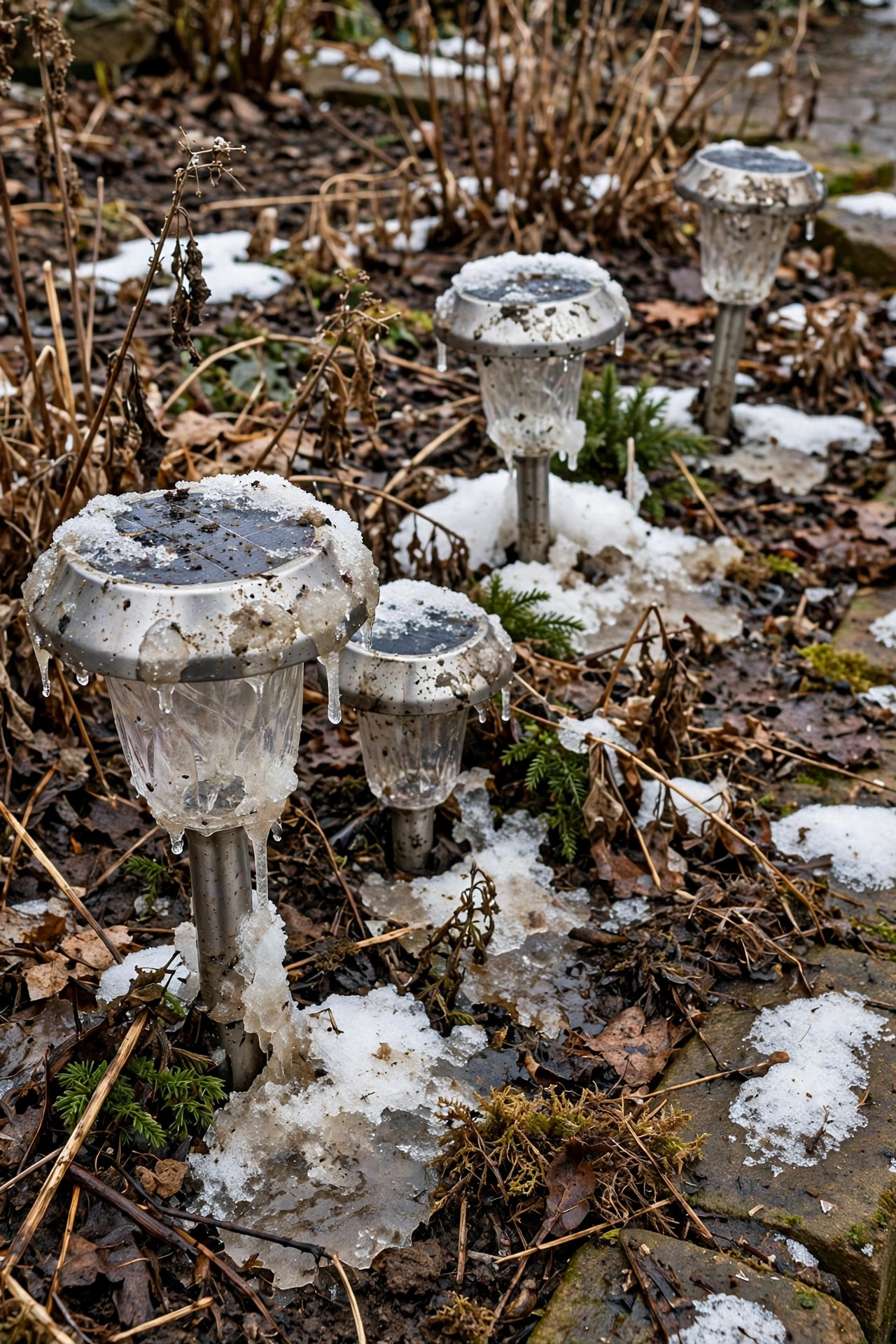 Solar garden lights dusted with melting snow and grime in a late winter flower bed