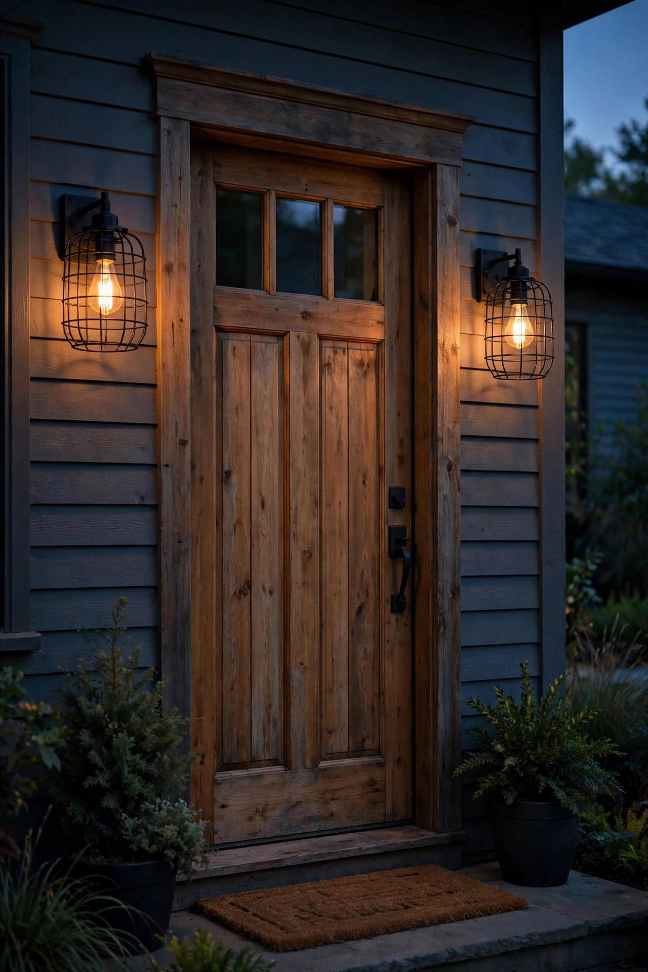 Black wire-cage wall sconces with Edison bulbs flanking a wooden front door at dusk