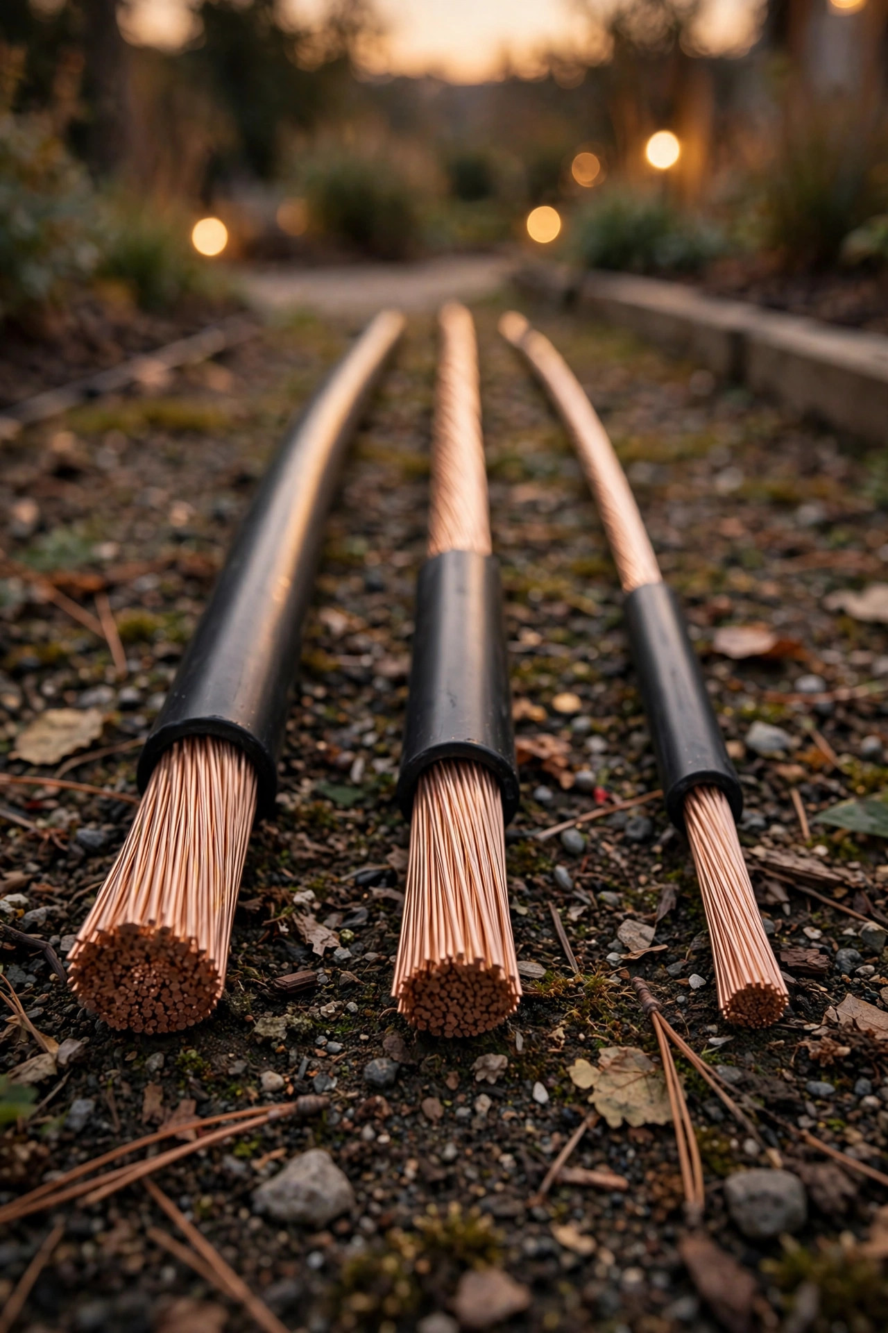 Three landscape lighting wire gauges side by side showing the difference in copper thickness between 12, 14, and 16 AWG cable