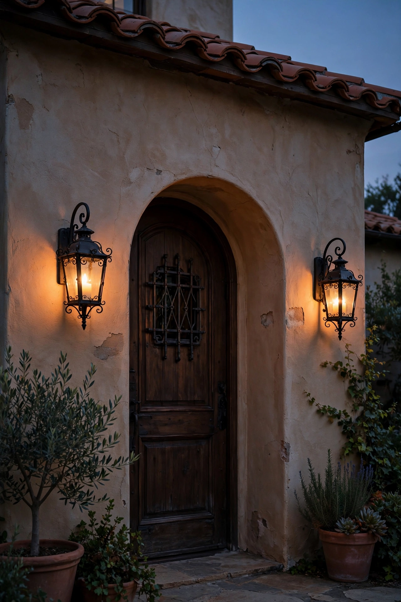 Pair of wrought-iron wall lanterns flanking an arched Mediterranean villa entryway at dusk