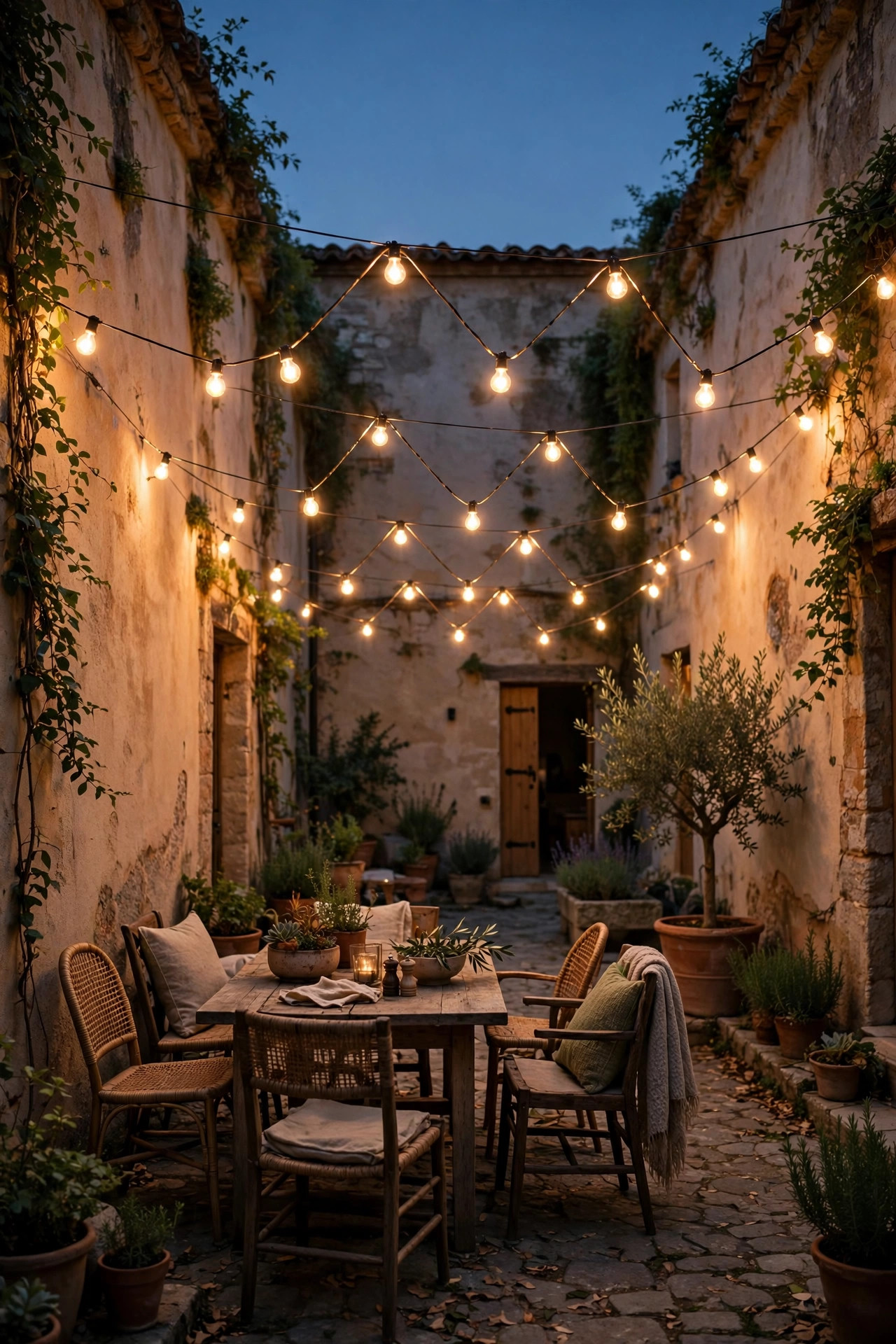 Zigzag string light canopy stretched between courtyard walls over a seating area at twilight