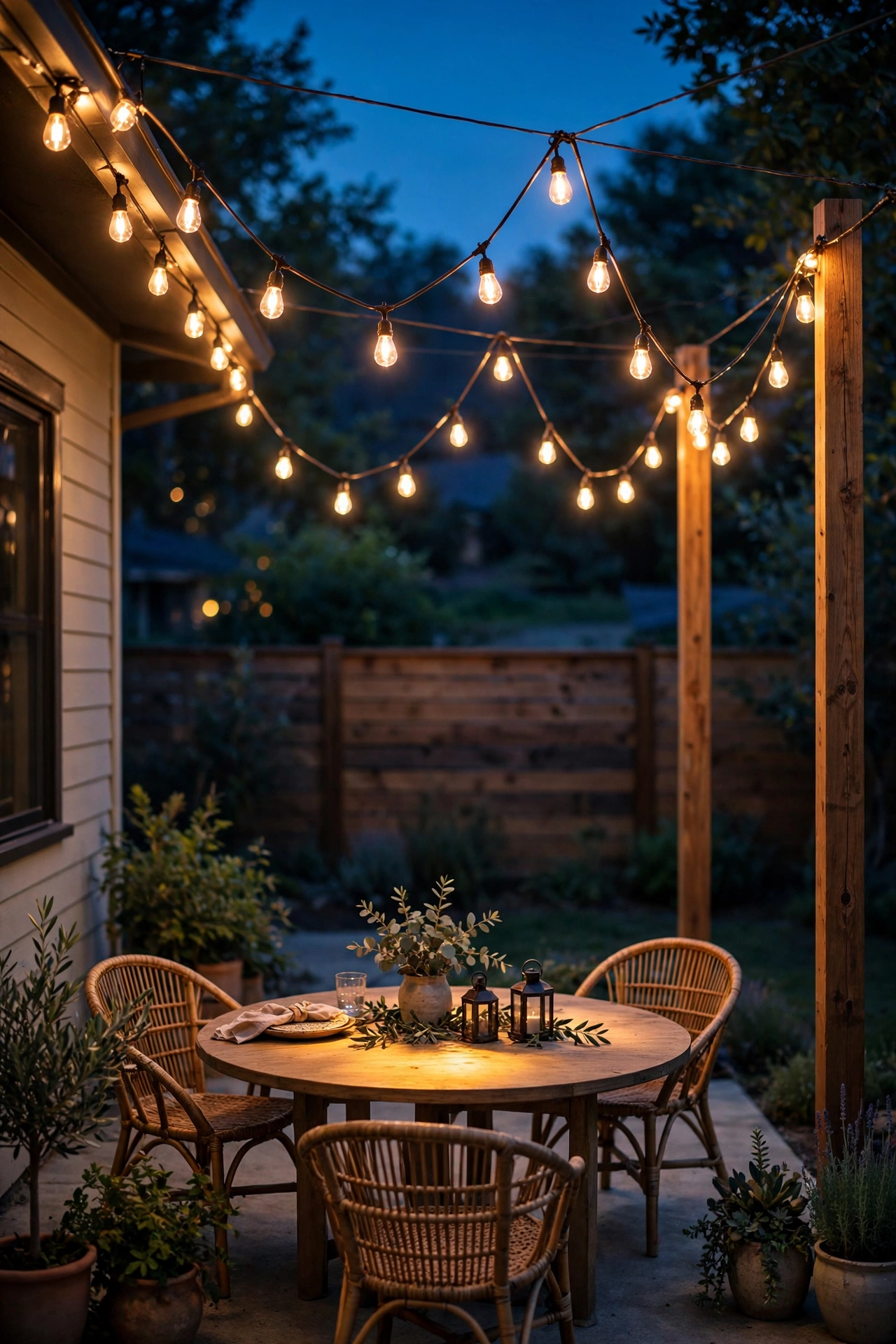 Zigzag canopy of warm string lights glowing over a back porch seating area at dusk