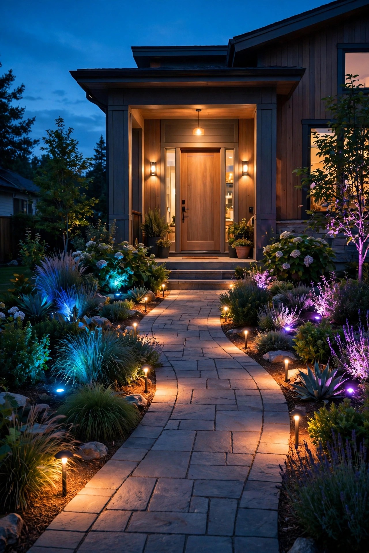 Front yard at dusk divided into lighting zones with warm path lights, colorful garden uplights and a softly lit entry, a color changing smart outdoor lights plan in action