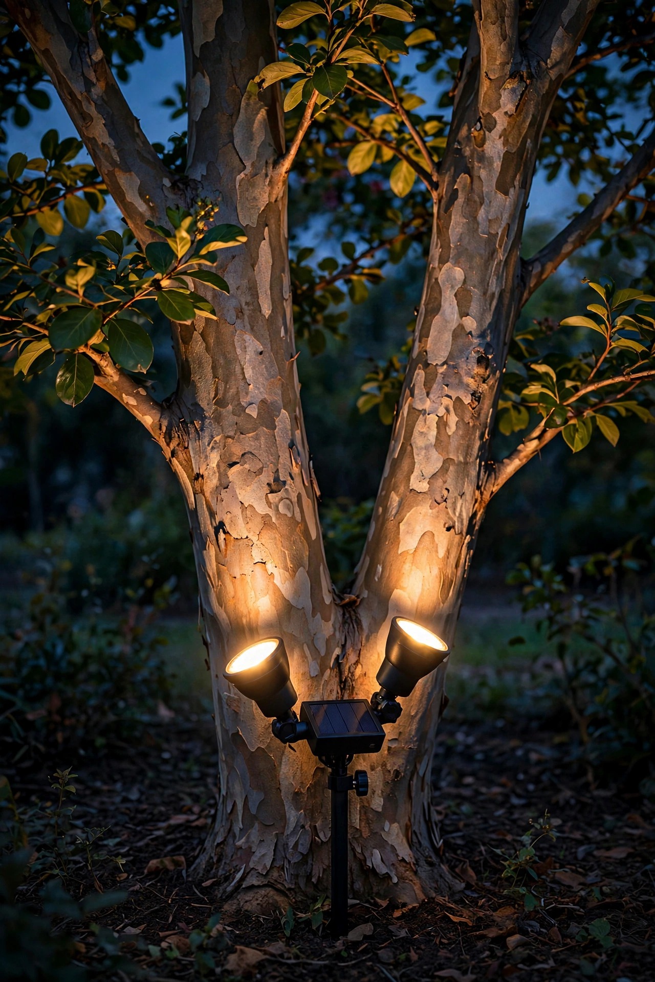 Photorealistic evening photo of an adjustable dual-head solar uplight staked near a crape myrtle trunk, warm beams grazing the bark and spreading into the lower canopy against a deep blue dusk sky