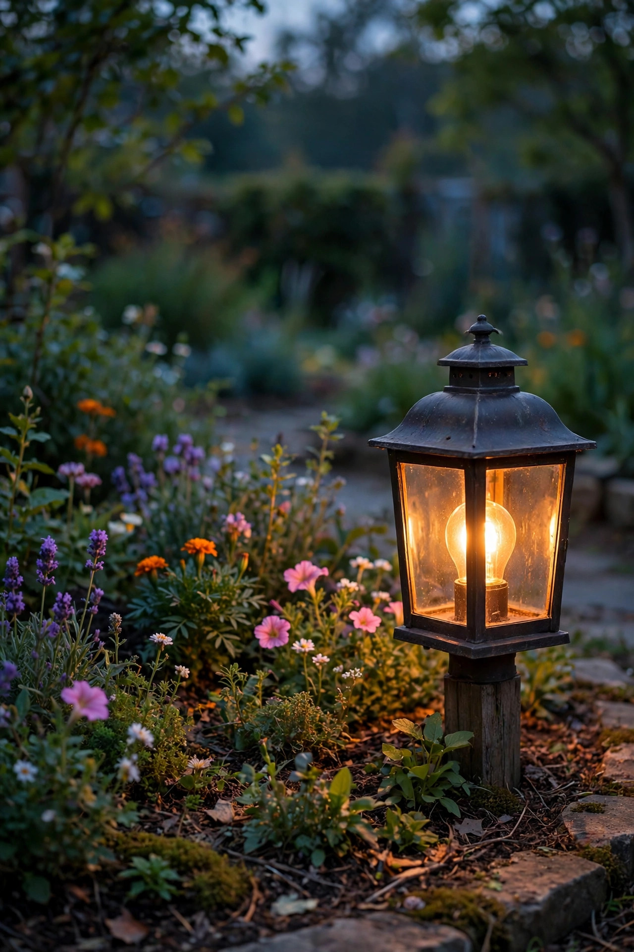 Warm amber LED bulb glowing in a garden lantern at dusk beside a flower bed