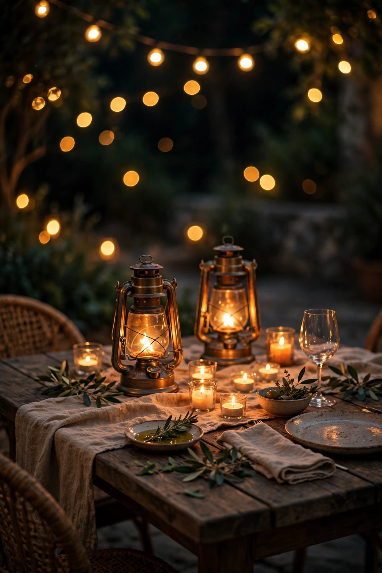 Patio at dusk bathed in amber 2200K outdoor light color temperature from string lights and lanterns