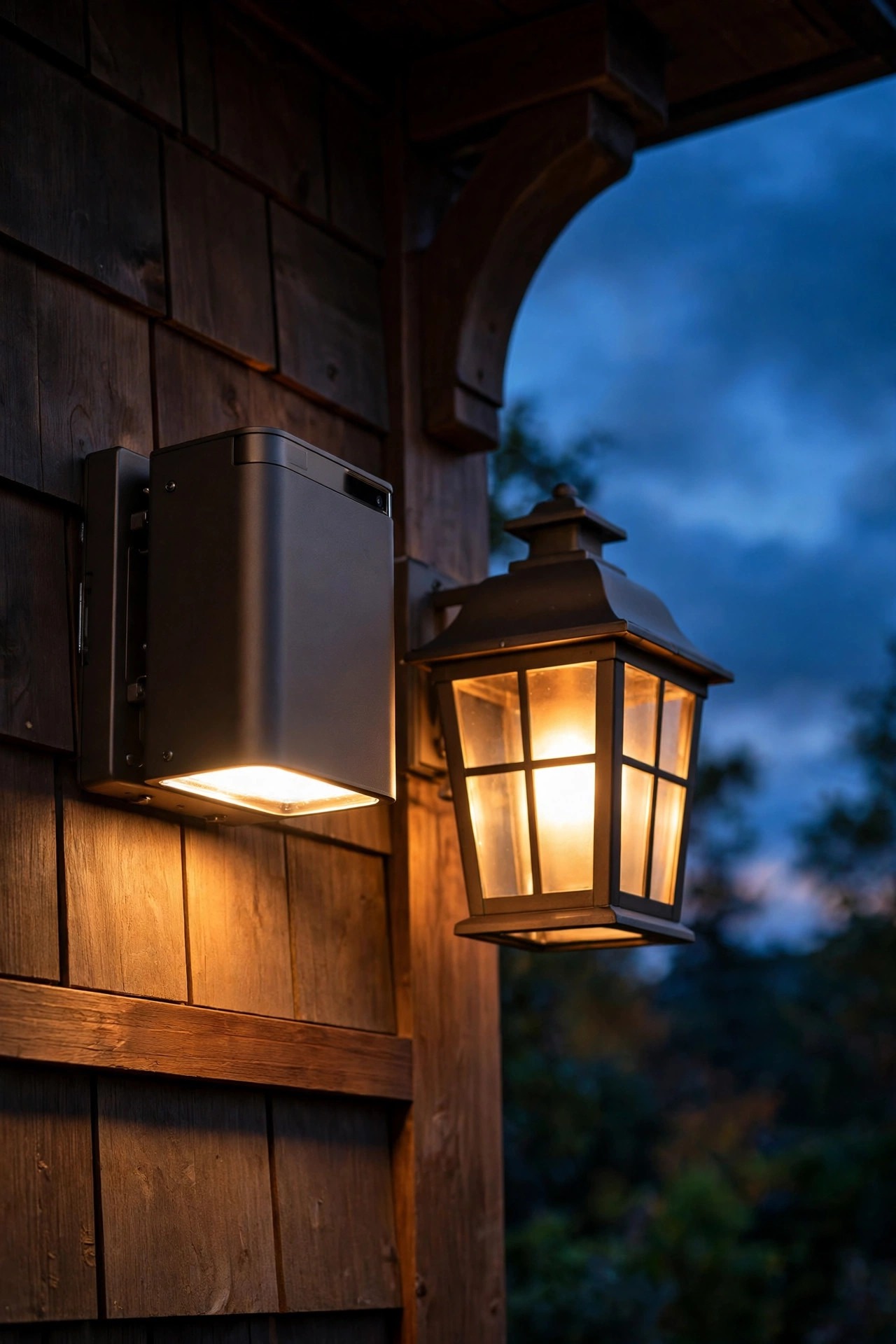 close view of a matte bronze smart flood light mounted beside a matching porch lantern on a craftsman home, both glowing warm at dusk