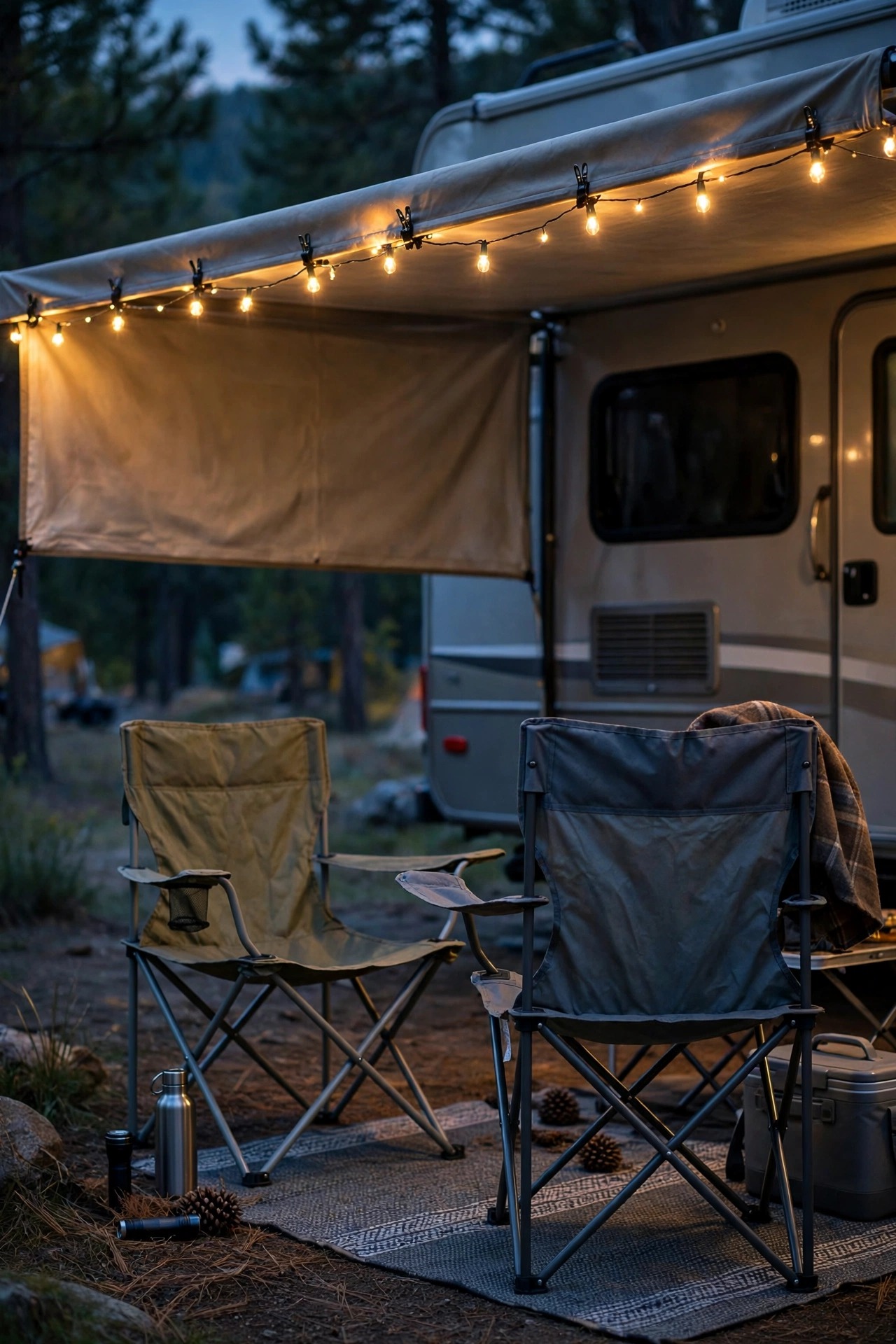 Warm LED string lights clipped along the front edge of an RV awning over camp chairs at dusk
