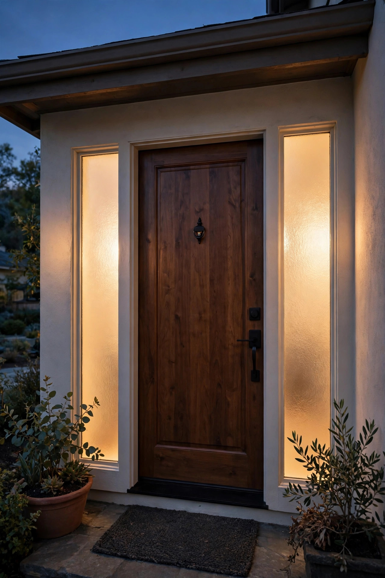 Frosted sidelight panels glowing warmly from interior backlighting beside a front door