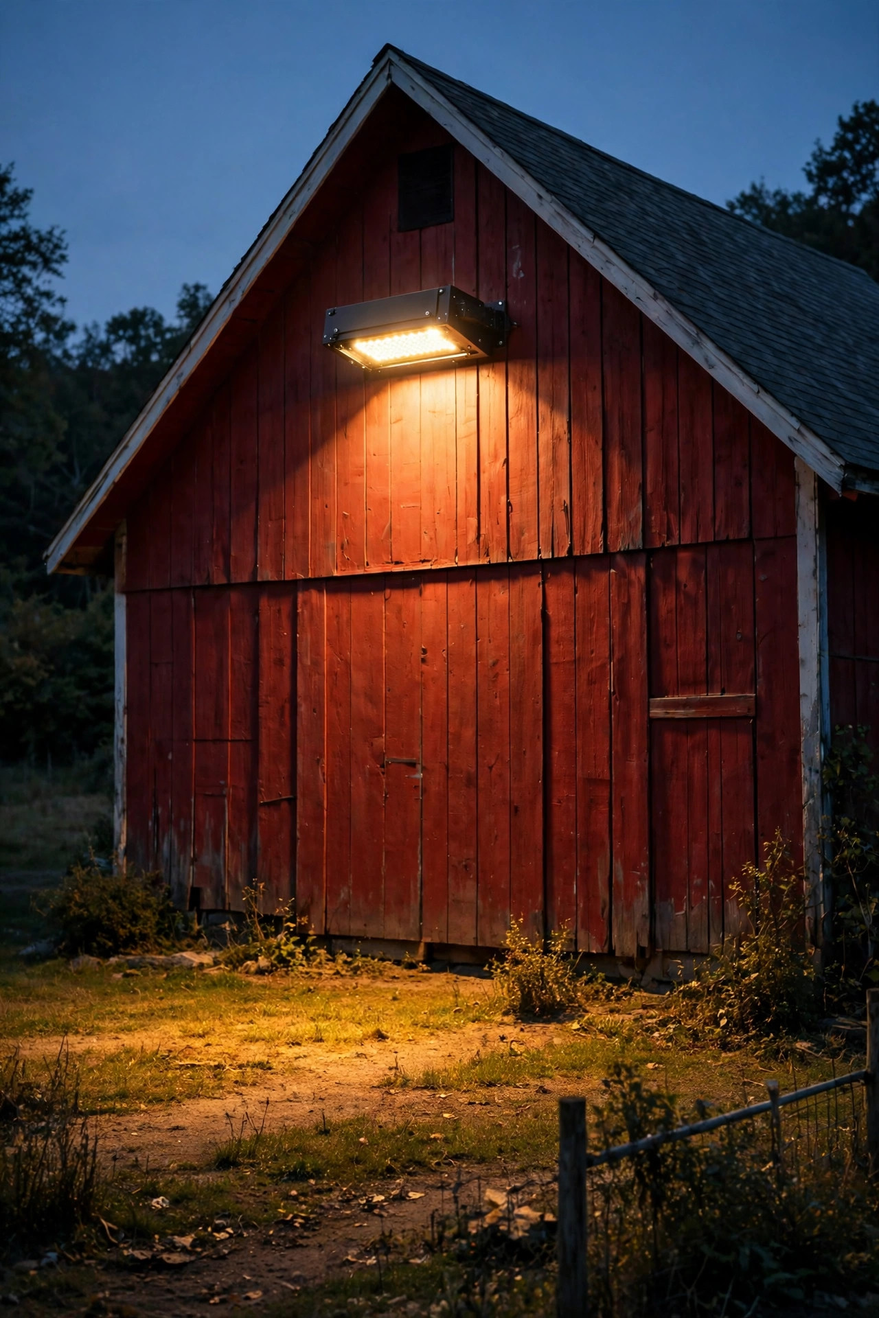 LED wall pack mounted high on a red barn gable washing the yard below with warm light