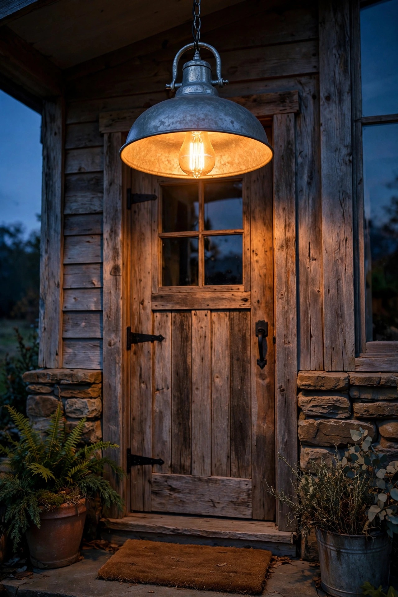 Galvanized barn pendant light hanging over a rustic front door with warm filament bulb glow at dusk