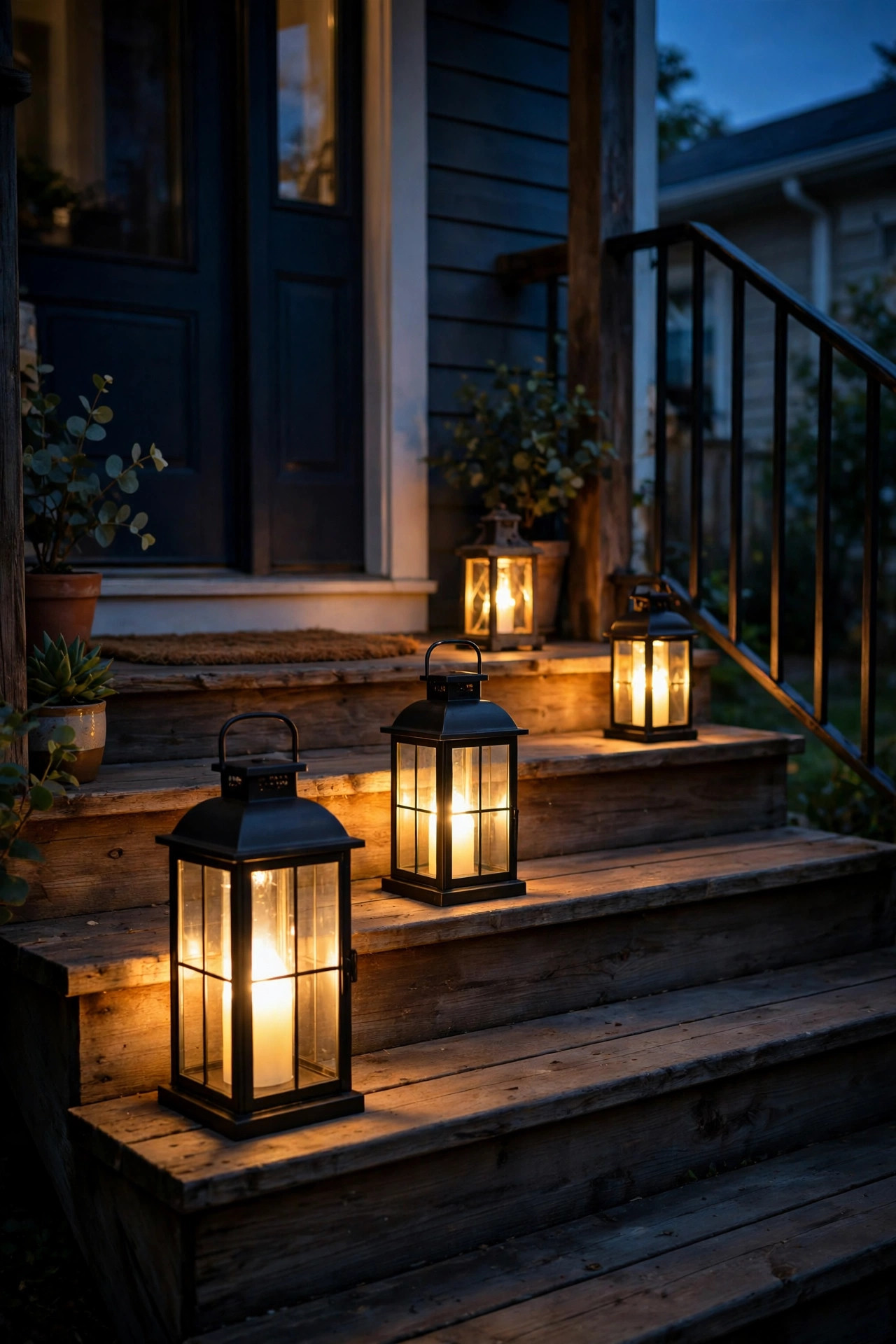 Battery-operated LED lanterns in mixed heights glowing on rental porch steps at twilight