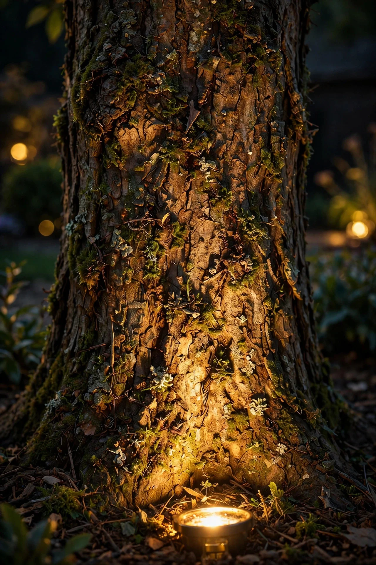 Close-up of tree bark glowing warm from a spotlight at the base, ridges and texture dramatically lit at night