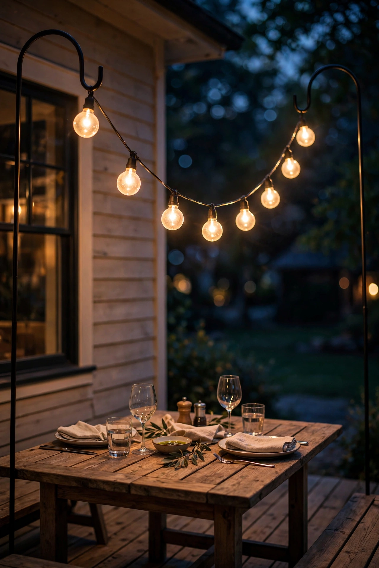 Bistro globe string lights hanging low over an outdoor dining table on a back porch at night