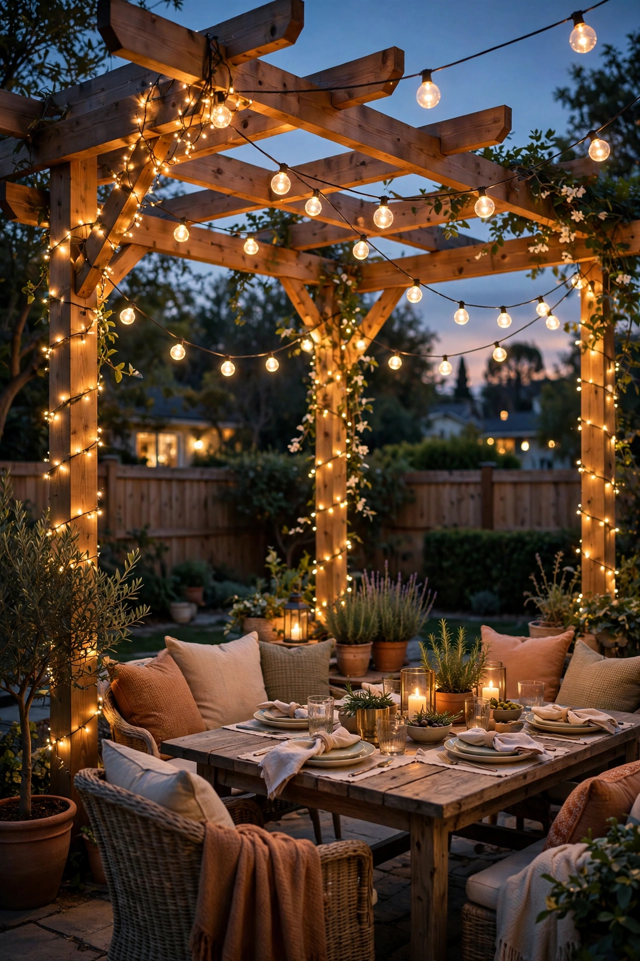 Pergola wrapped in fairy lights with hanging globe string lights for evening entertaining