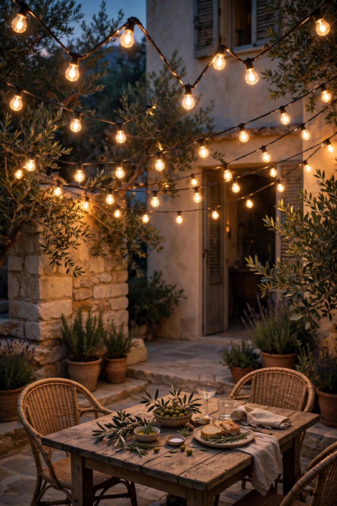 Zigzag canopy of warm bistro string lights over a Mediterranean stone patio dining table at dusk