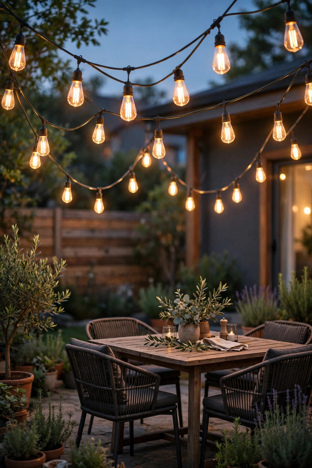 Bistro string lights with warm LED filament bulbs swagged over a backyard patio seating area at twilight