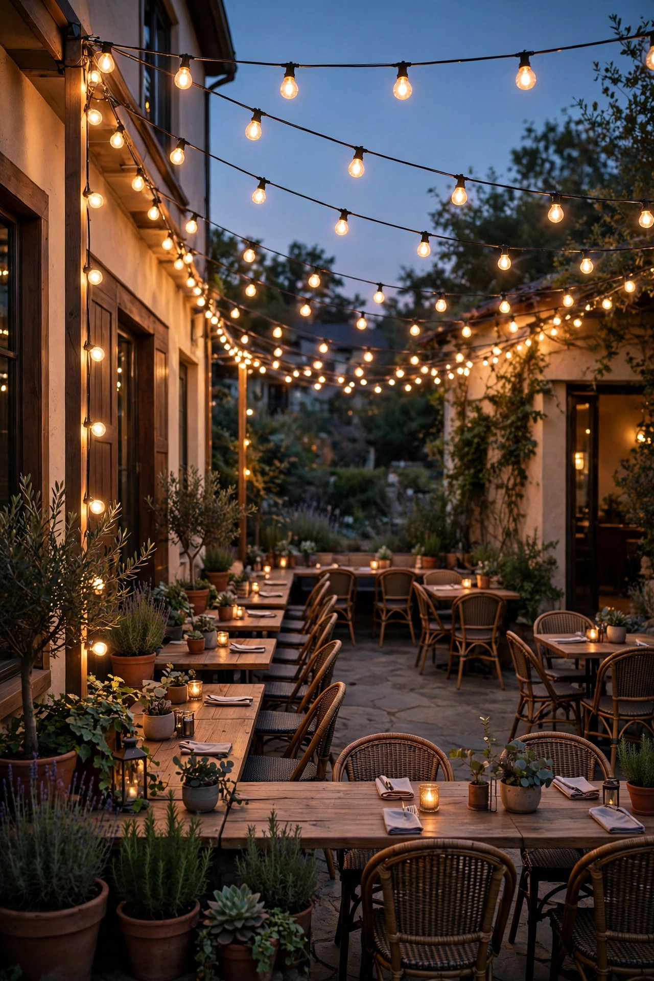 Bistro string lights running along both arms of an L-shaped patio and meeting at the corner above outdoor seating at twilight