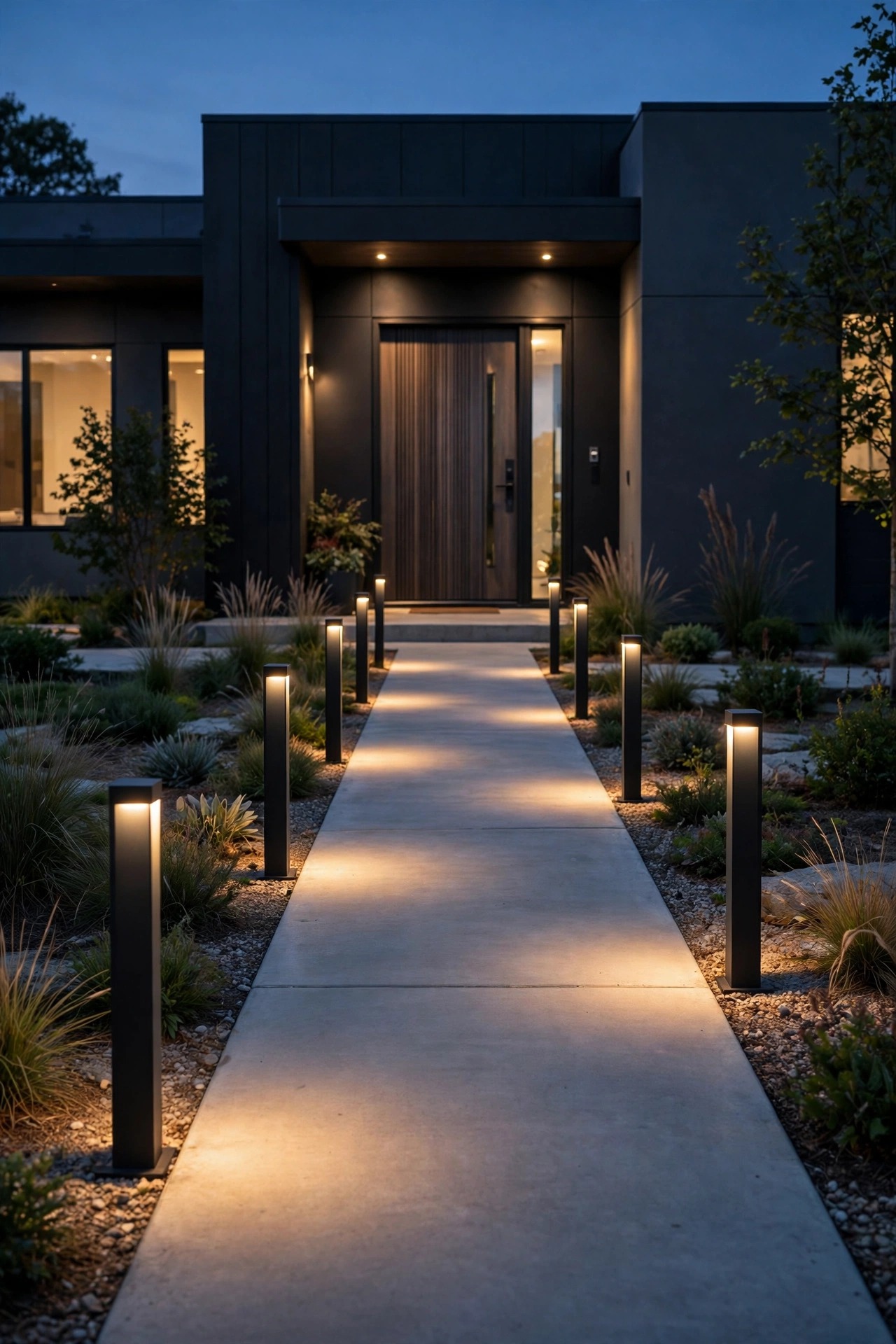 Slim matte black rectangular bollard lights spaced along a straight concrete walkway to a modern front door at dusk