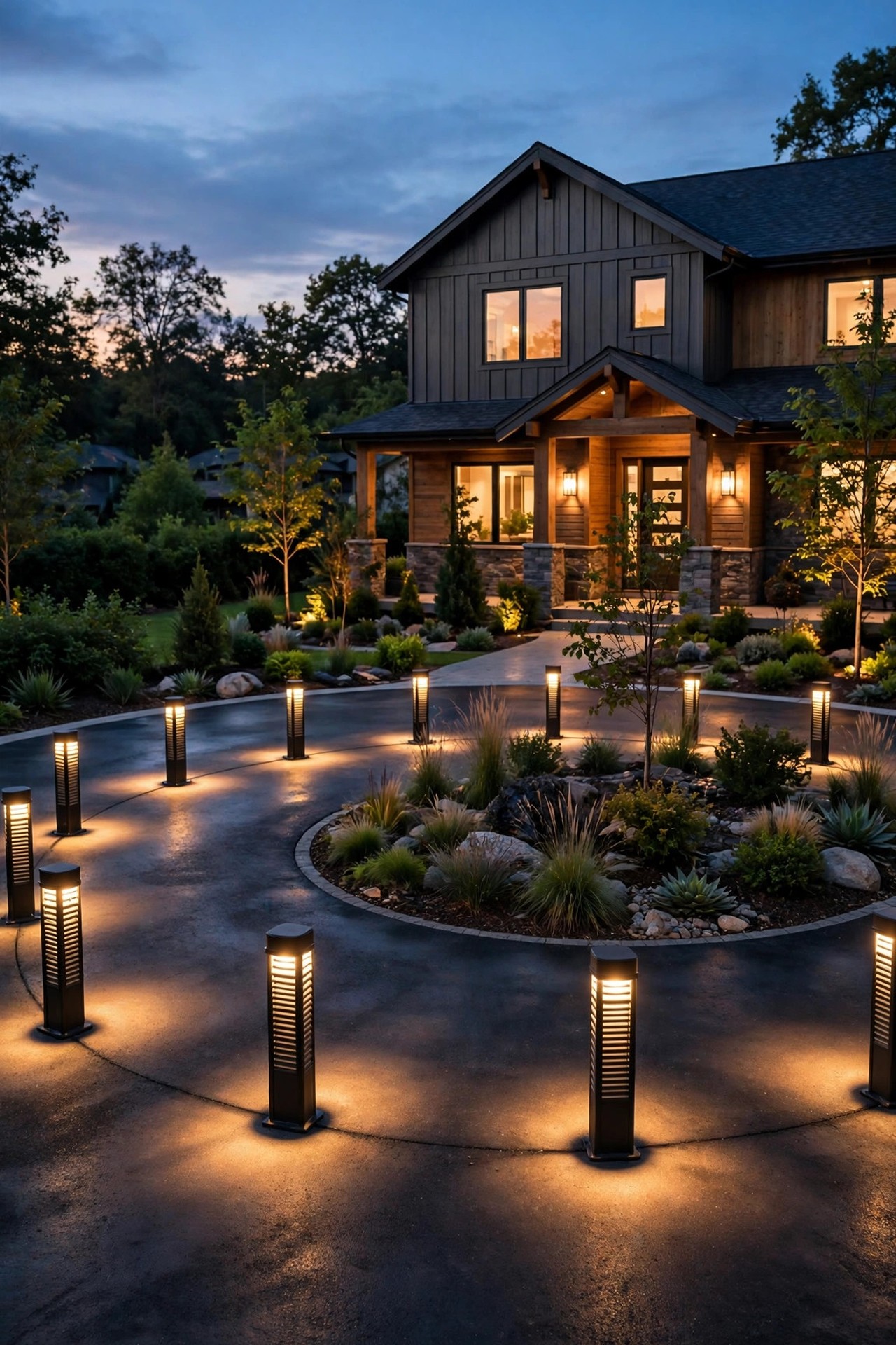 Even ring of short louvered bollard lights tracing the outer edge of a circular driveway, warm pools of light on the pavement