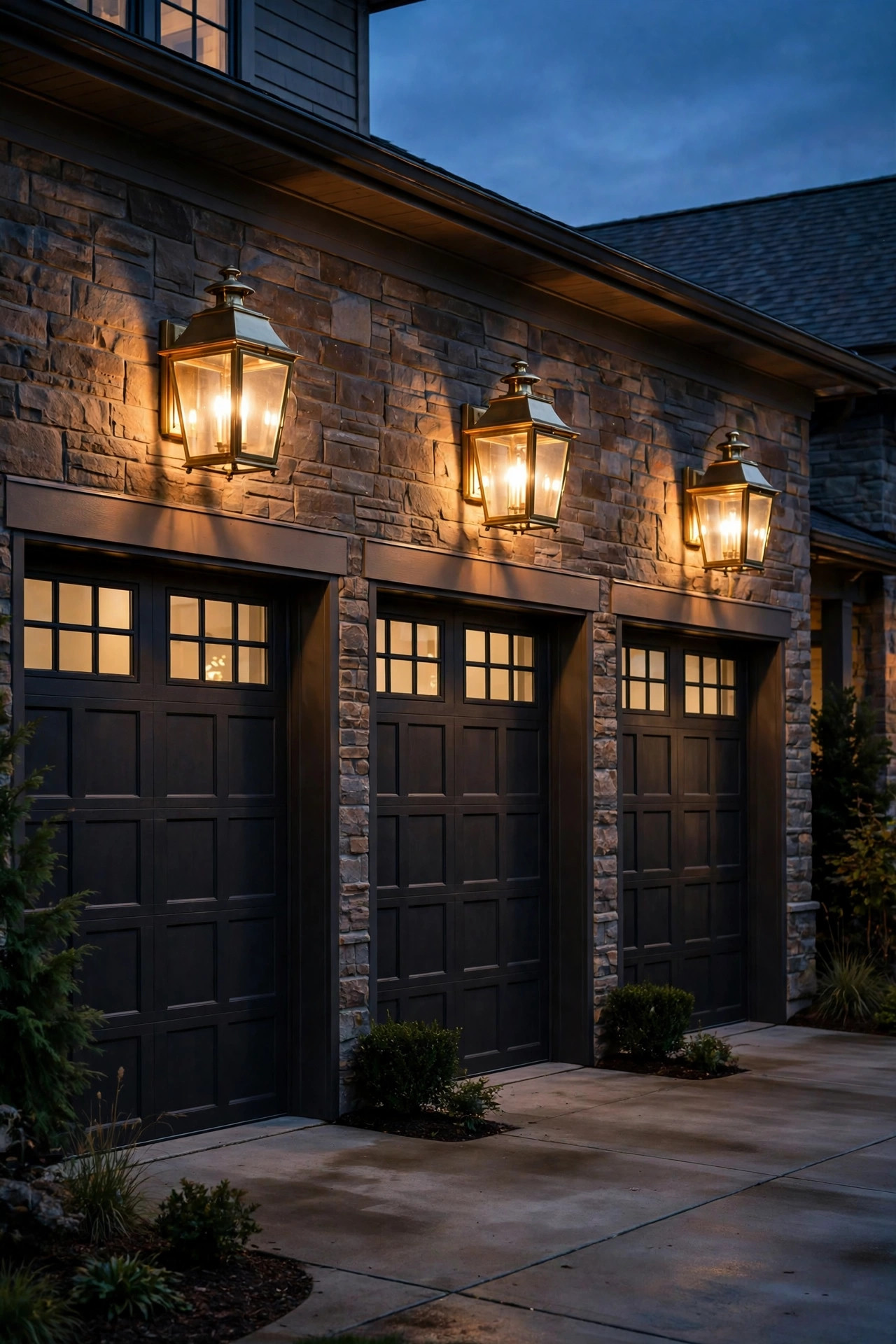 Three solid brass carriage lanterns mounted above garage doors glowing warmly at dusk