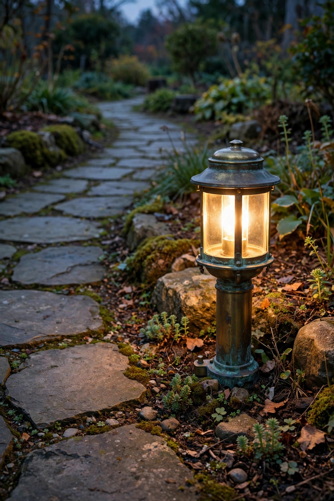 Solid brass path light with a rich aged patina glowing warmly beside a stone garden path at dusk