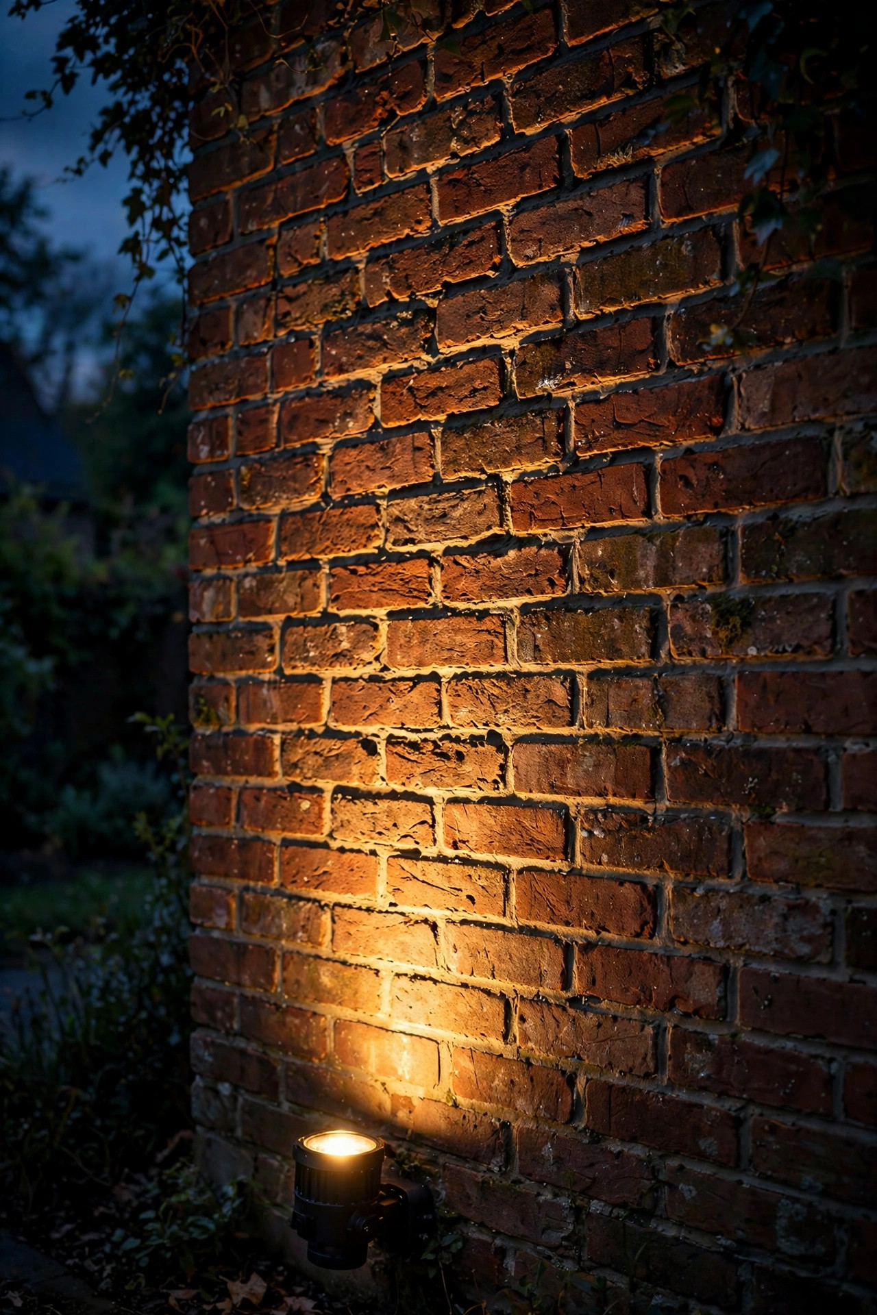 Spotlight placed close to a brick facade grazing warm light upward, highlighting mortar lines and masonry texture at night