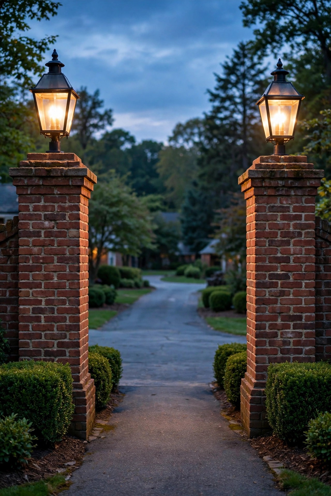 Two brick entrance pillars topped with glowing colonial lanterns flanking a driveway at dusk with boxwood plantings