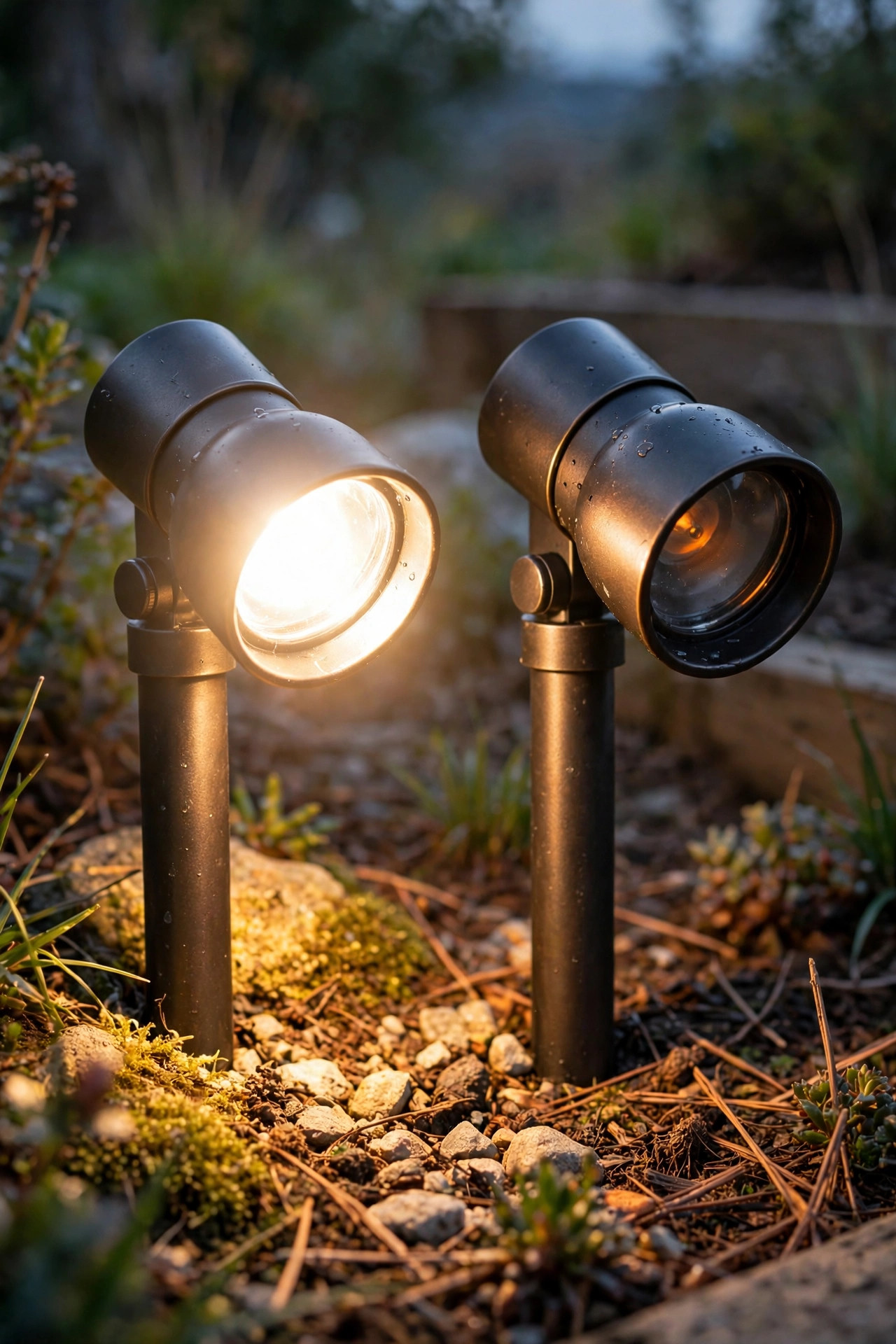 Close comparison of two identical garden spotlights at dusk, one shining bright warm white at full voltage and one glowing dim orange from voltage drop