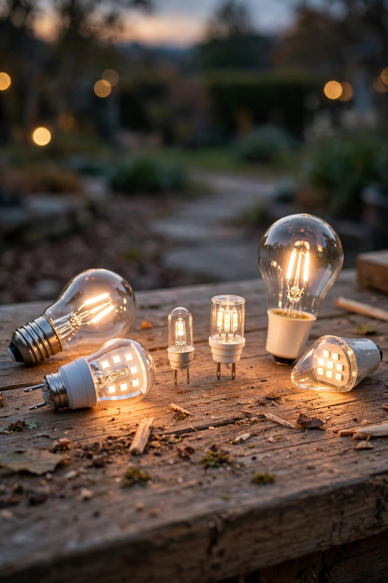 Close-up of common low-voltage landscape bulb bases on a workbench — MR16 bipin, small G4 bipin and wedge base bulbs beside their LED replacements