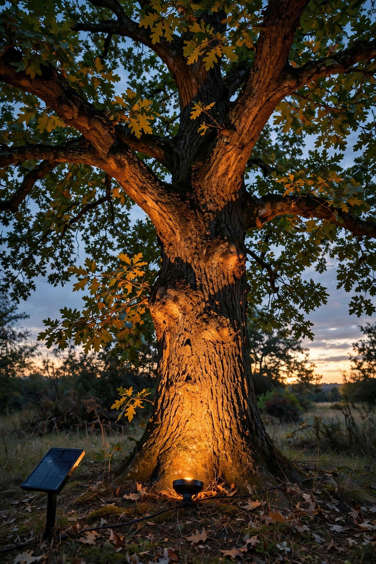 Solar spotlight uplighting a large oak tree at dusk with its cabled panel angled toward the last sunlight